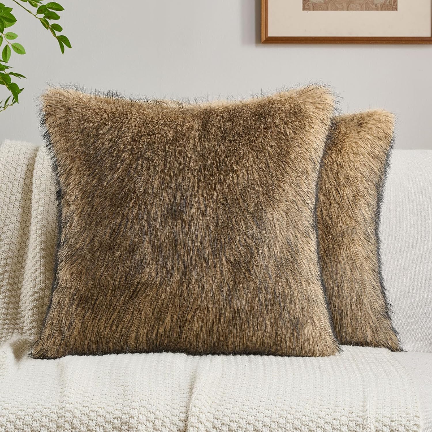 FUTEI Apricot Decorative Throw Pillow Covers 18x18 Inch Set of 2,Soft Faux Raccoon Fur Textured Cushion Case,Modern Home Luxurious Decor for Couch Bed Living Room