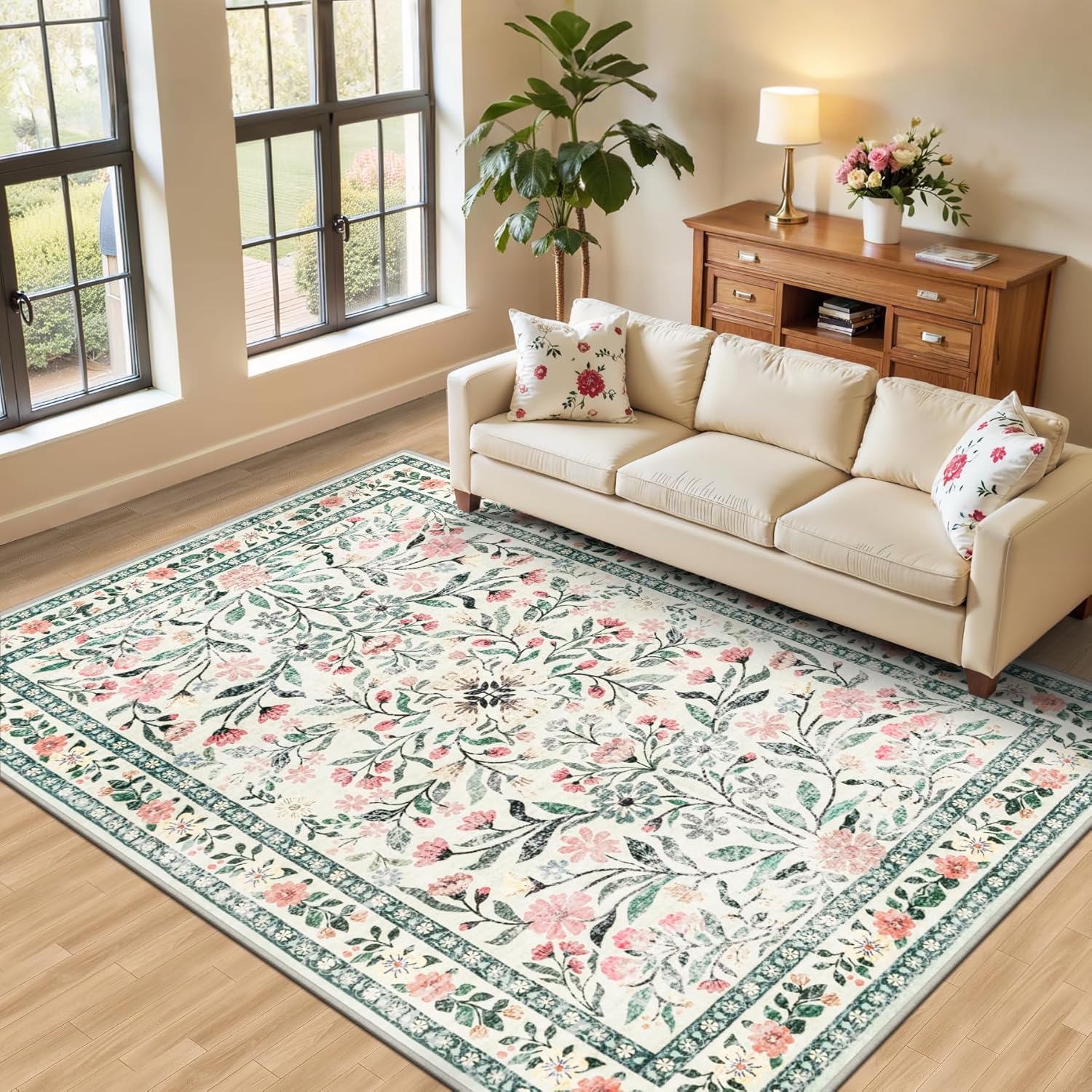 8x10 Area Rugs for Living Room: Floral Washable Rug Vintage Large Soft Boho Non-Slip Carpet Indoor Floor Stain Resistant Carpets for Bedroom Dining Room Farmhouse Nursery Home Office Dark Green