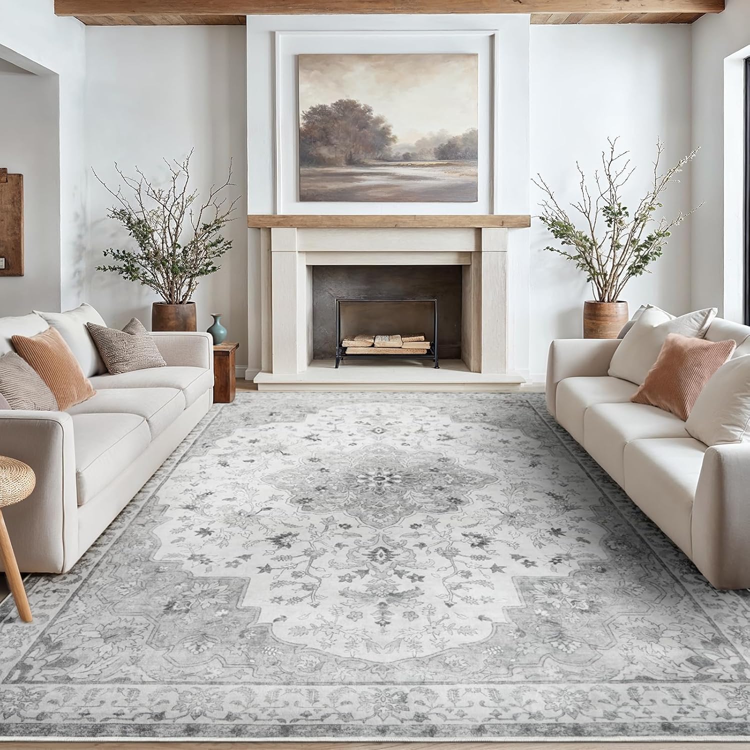 AMADA HOMEFURNISHING 8x10 Washable Area Rug, Low-Profile Large Area Rug with Non-Slip Backing & Durable Edge Binding, Vintage Large Rugs for Living Room, Bedroom, Dining Room