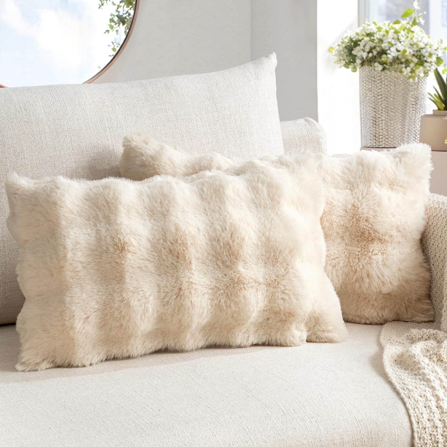 MIULEE Faux Fur Pillow Covers Thick Soft Plush Throw Pillows Luxury Spring Home Decor for Couch Bed Bedroom Living Room Sofa,20x20 Inch Pack of 2 Khaki