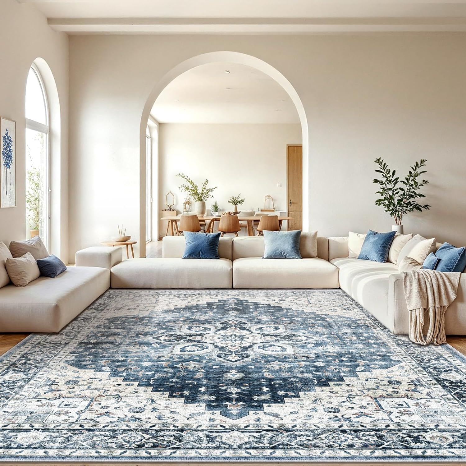 AMADA HOMEFURNISHING 8x10 Washable Area Rug, Low-Profile Large Area Rug with Non-Slip Backing & Durable Edge Binding, Vintage Large Rugs for Living Room, Bedroom, Dining Room