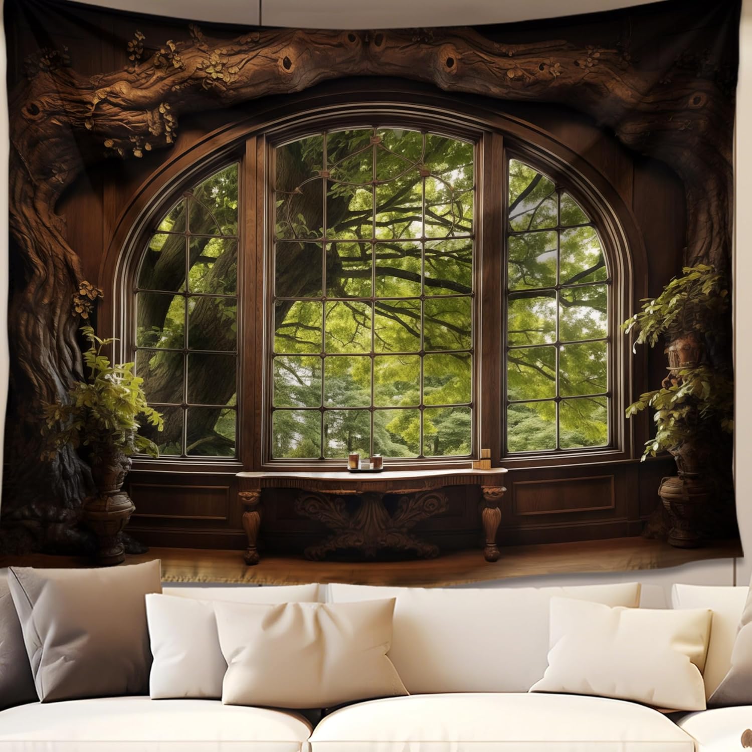 QGHOT Forest Window Tapestry, Nature Outdoor Tapestry Wall Hanging Woodland Scene Large Wall Mural for Bedroom Living Room Office Decor 78.7" L x 104" W