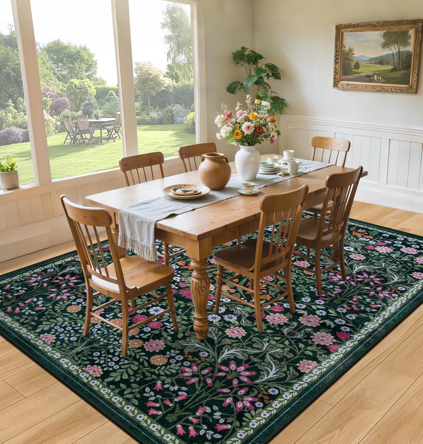 8x10 Area Rugs for Living Room: Floral Washable Rug Vintage Large Soft Boho Non-Slip Carpet Indoor Floor Stain Resistant Carpets for Bedroom Dining Room Farmhouse Nursery Home Office Dark Green