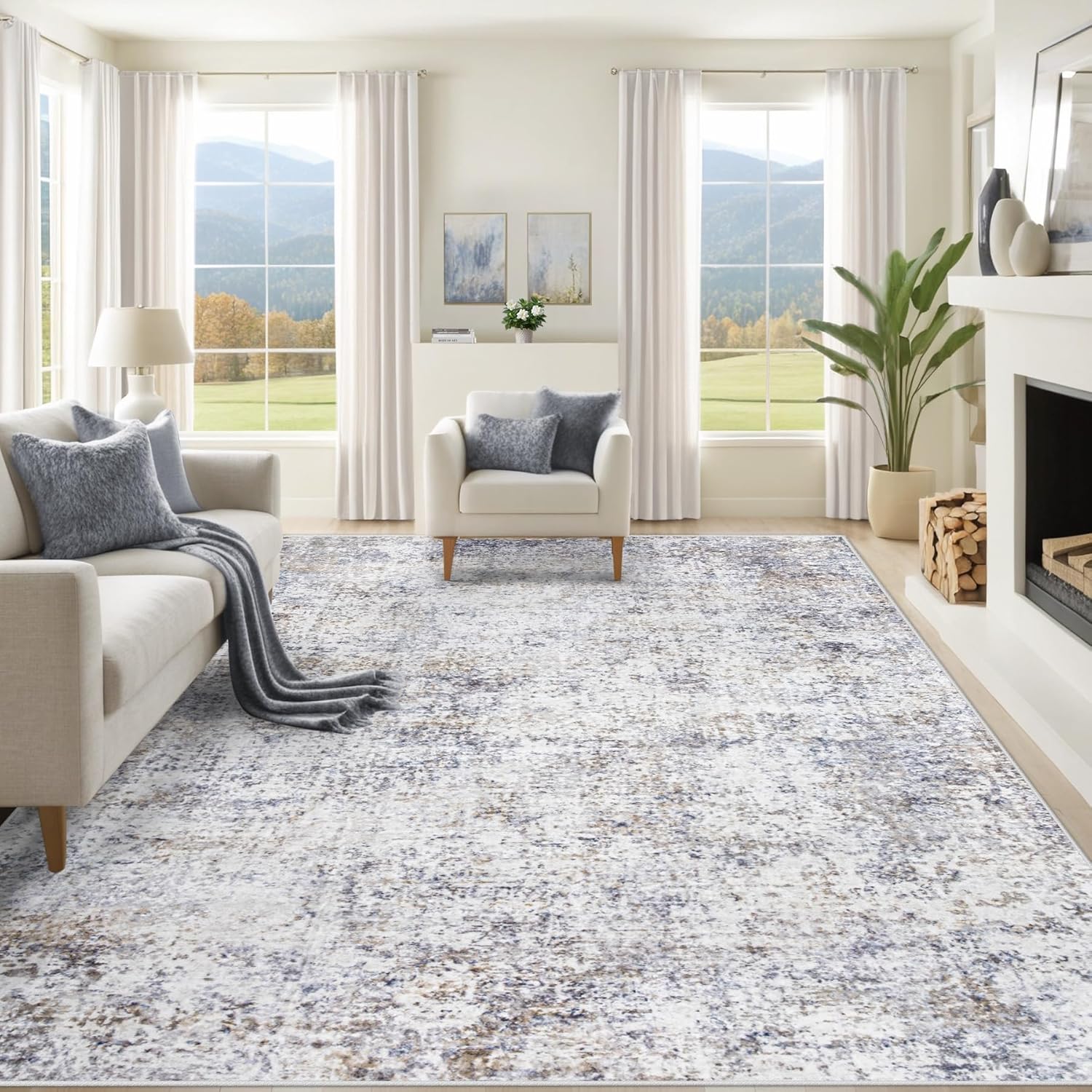 8x10 Area Rugs for Living Room, Washable Modern Abstract Large Area Rug Neutral Soft Non Slip Kids Rug Stain Resistant Indoor Carpet for Bedroom Nursery Dining Room Playroom Home Office(Blue, 8'x10')