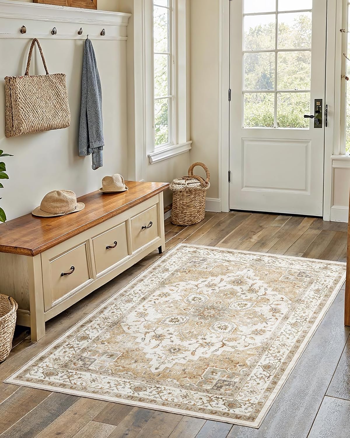 AMADA HOMEFURNISHING 8x10 Washable Area Rug, Low-Profile Large Area Rug with Non-Slip Backing & Durable Edge Binding, Vintage Large Rugs for Living Room, Bedroom, Dining Room