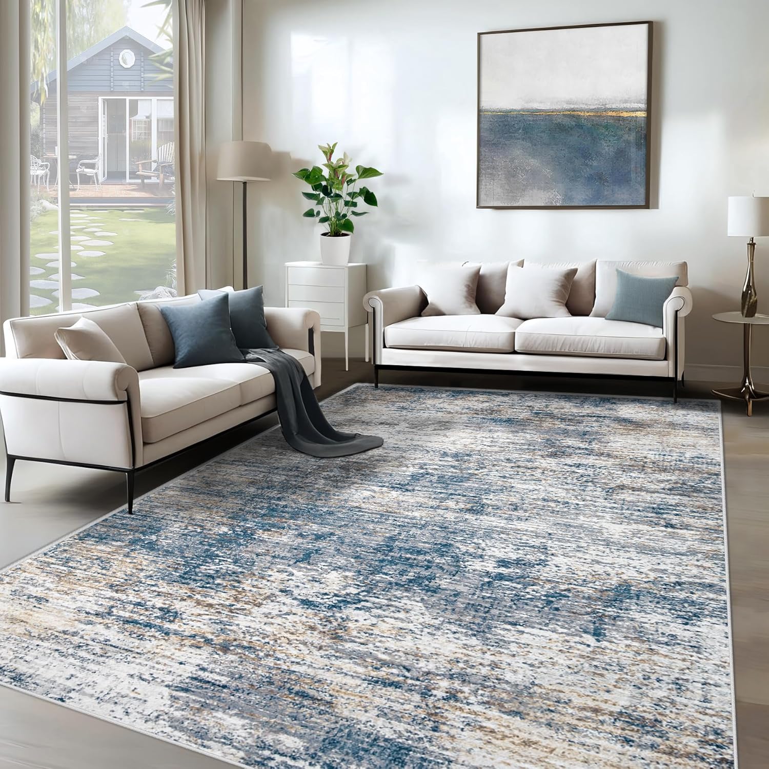 8x10 Area Rugs for Living Room, Washable Modern Abstract Large Area Rug Neutral Soft Non Slip Kids Rug Stain Resistant Indoor Carpet for Bedroom Nursery Dining Room Playroom Home Office(Blue, 8'x10')