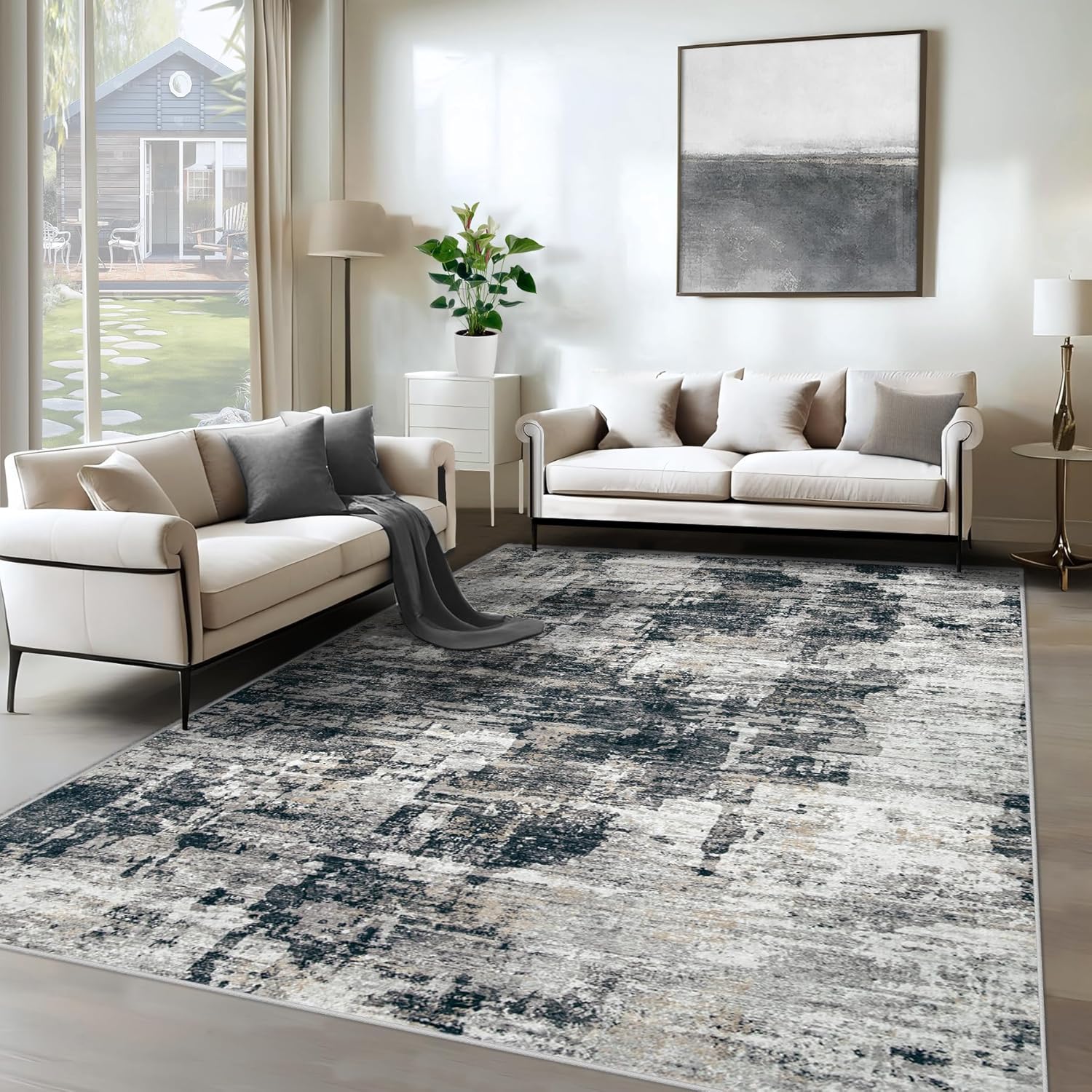 8x10 Area Rugs for Living Room, Washable Modern Abstract Large Area Rug Neutral Soft Non Slip Kids Rug Stain Resistant Indoor Carpet for Bedroom Nursery Dining Room Playroom Home Office(Blue, 8'x10')