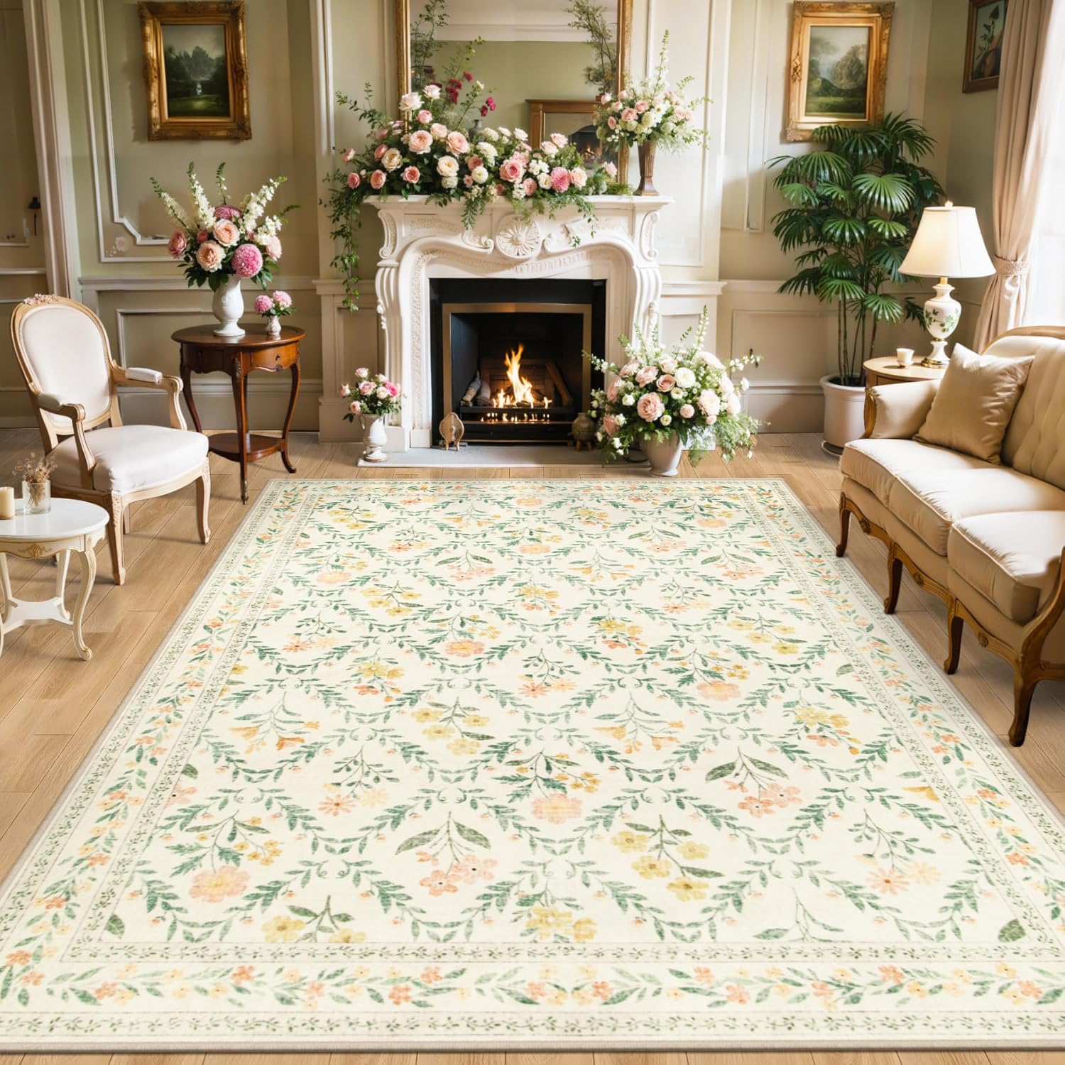 8x10 Area Rugs for Living Room: Floral Washable Rug Vintage Large Soft Boho Non-Slip Carpet Indoor Floor Stain Resistant Carpets for Bedroom Dining Room Farmhouse Nursery Home Office Dark Green