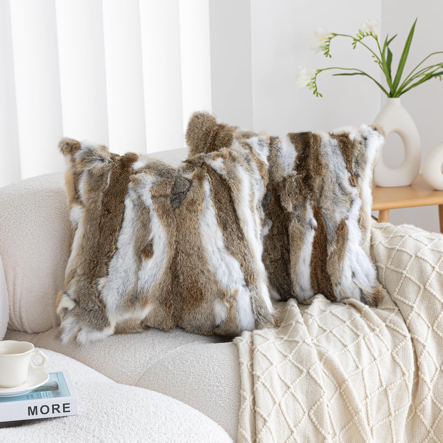 Genuine Rabbit Fur Throw Pillow Covers Set of 2, Luxury Decorative Pillowcases Soft Fluffy Animal Skin Accents Square Cushion Cover for Couch Sofa Bedroom Living Room Home,18x18 inch, Yellow White