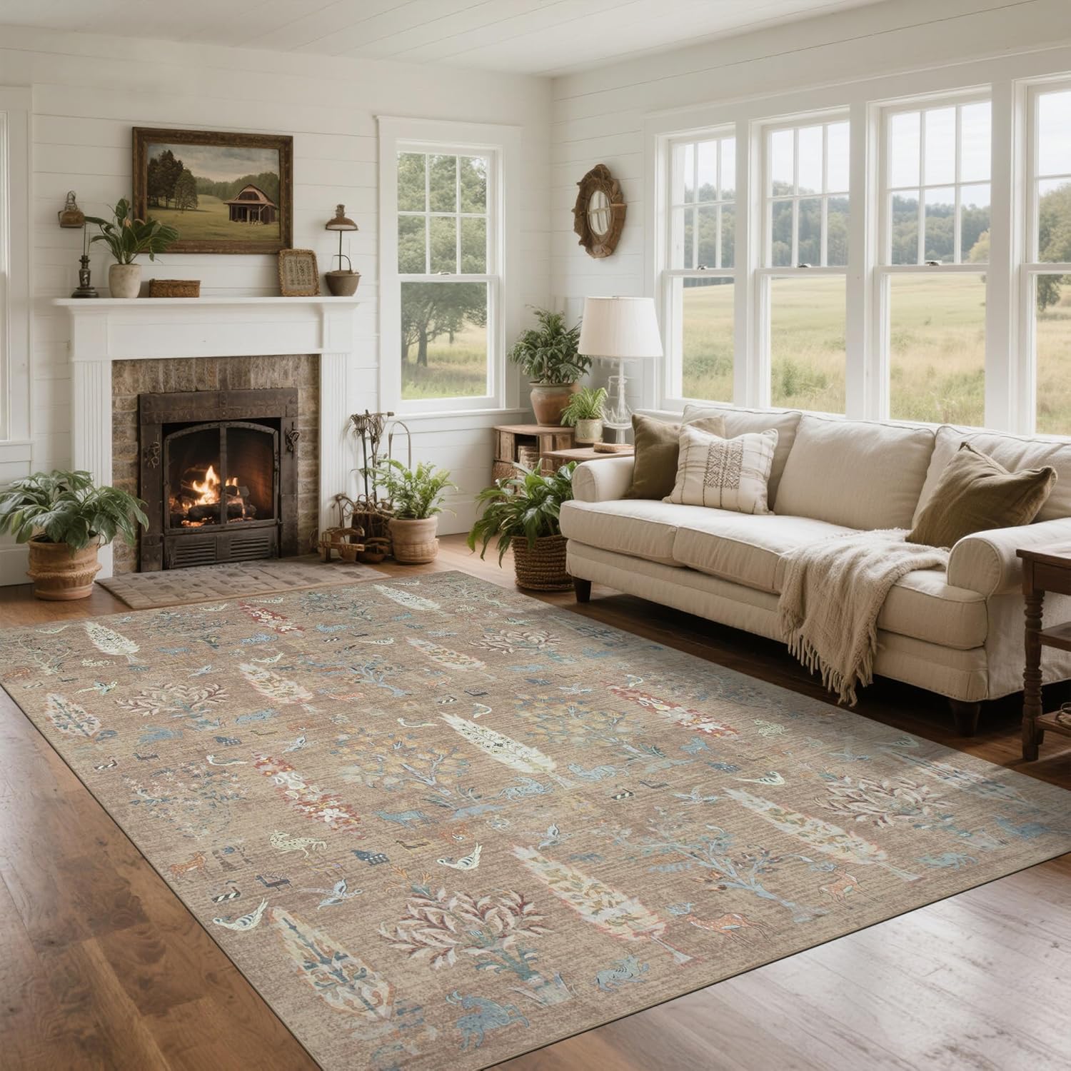 Washable Rugs 8x10 Area Rugs for Living Room,Ultra Soft Faux Wool Retro Rugs for Bedroom,Dining Room,Non Slip&Non-Shedding Low Pile Vintage Print Rug Indoor Large Carpets for Home Office Decor