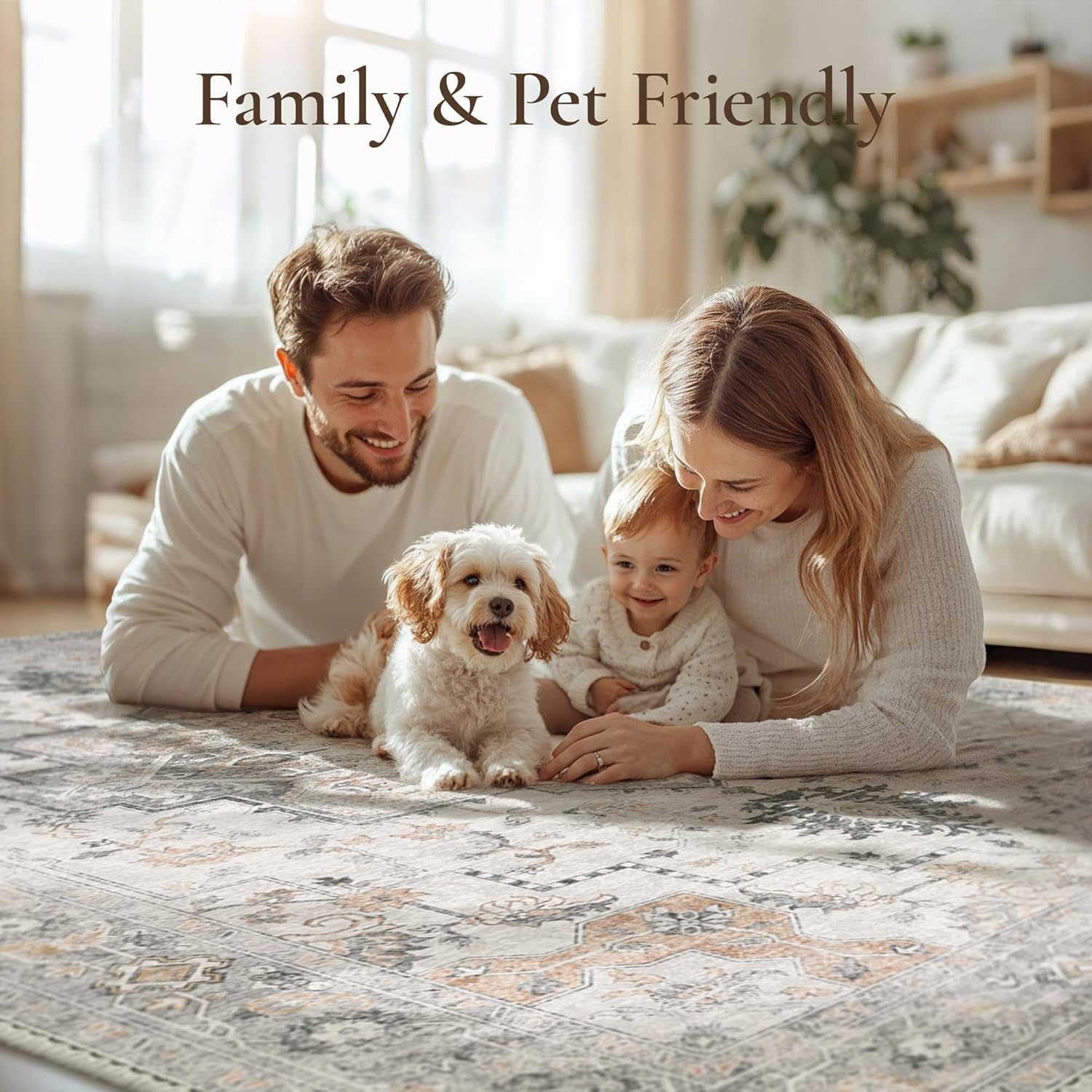 GENIMO 5X7 Area Rugs for Living Room, Machine Washable Non Slip Vintage Rugs, Low Pile Lightweight Chenille Print Rug for Bedroom, Dining Room, Home Office, Light Taupe Brown