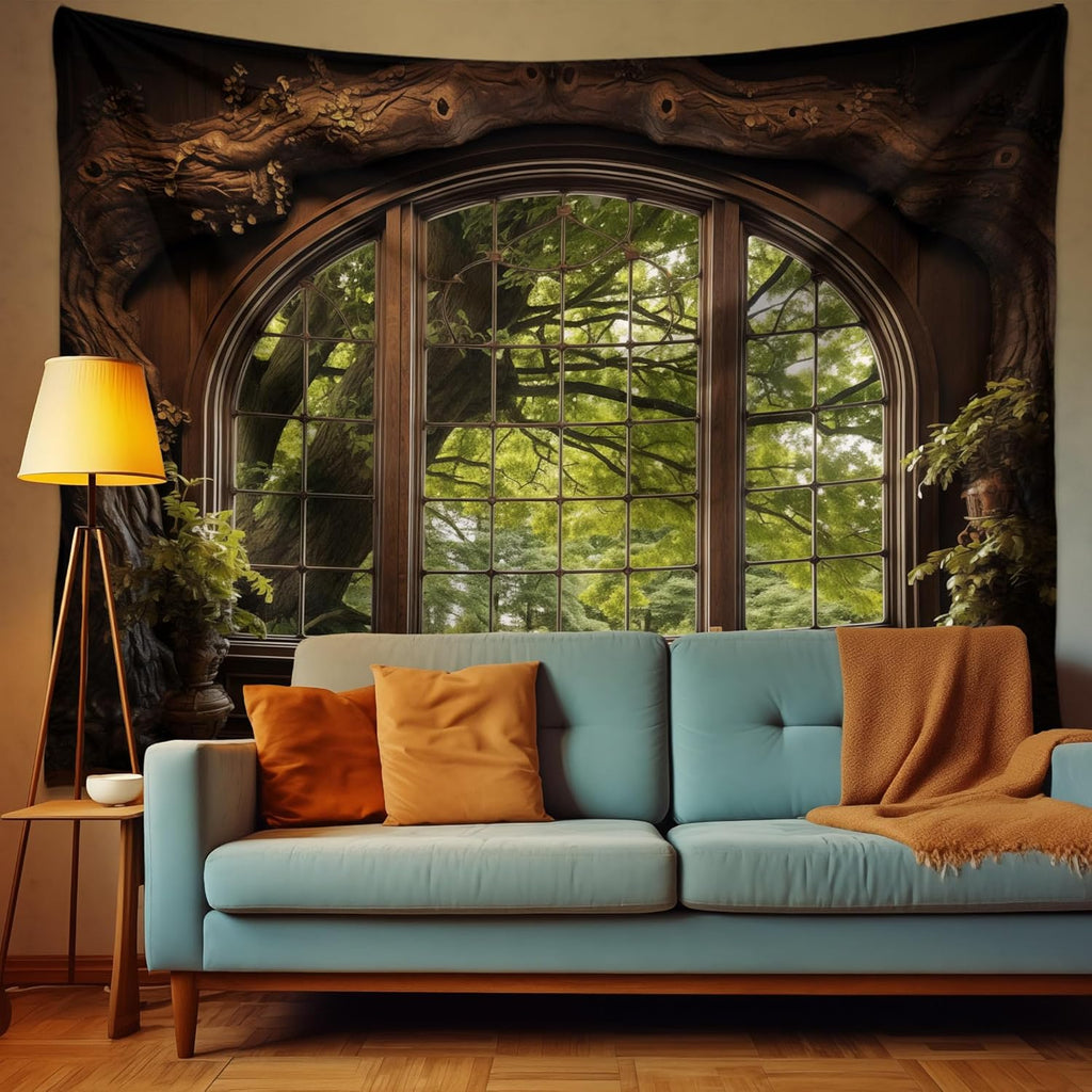 QGHOT Forest Window Tapestry, Nature Outdoor Tapestry Wall Hanging Woodland Scene Large Wall Mural for Bedroom Living Room Office Decor 78.7" L x 104" W