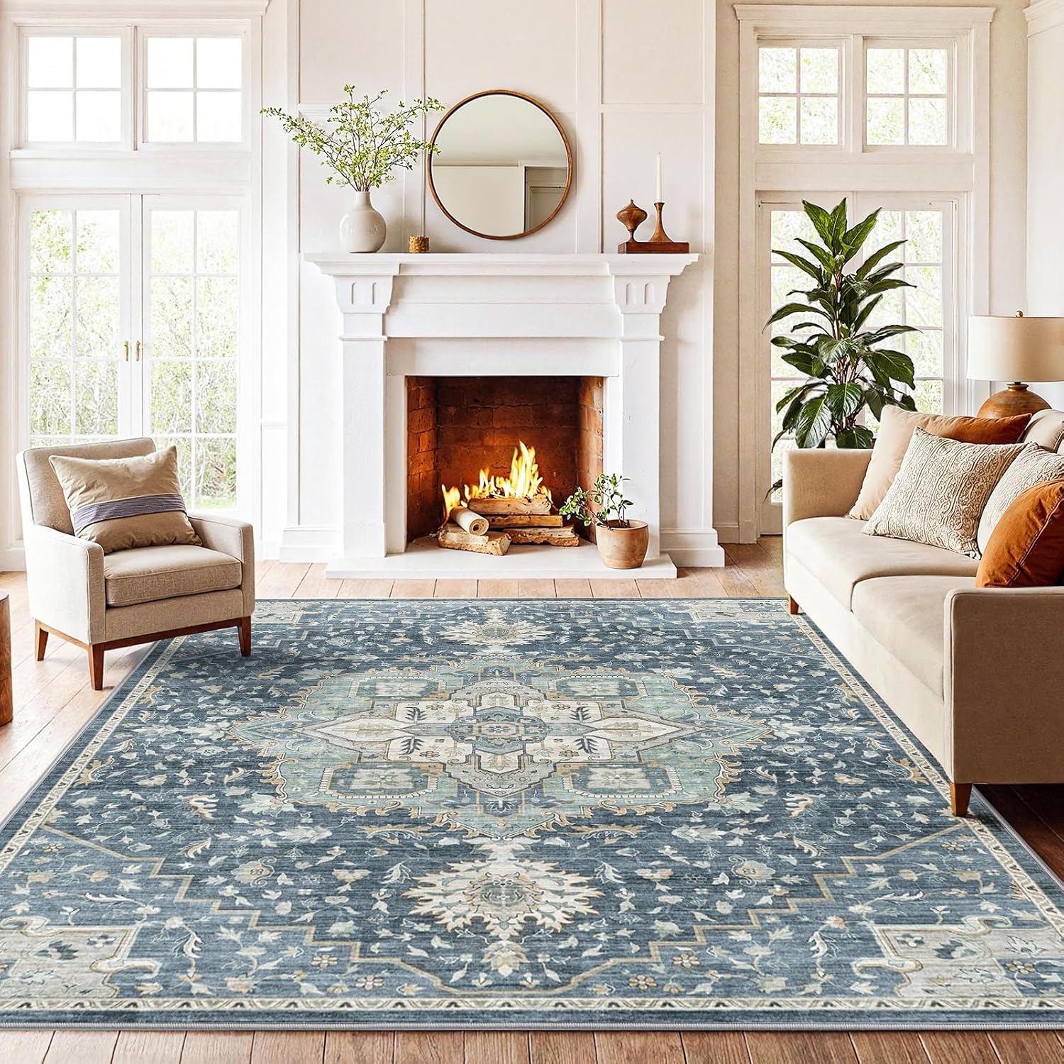 AMADA HOMEFURNISHING 8x10 Washable Area Rug, Low-Profile Large Area Rug with Non-Slip Backing & Durable Edge Binding, Vintage Large Rugs for Living Room, Bedroom, Dining Room