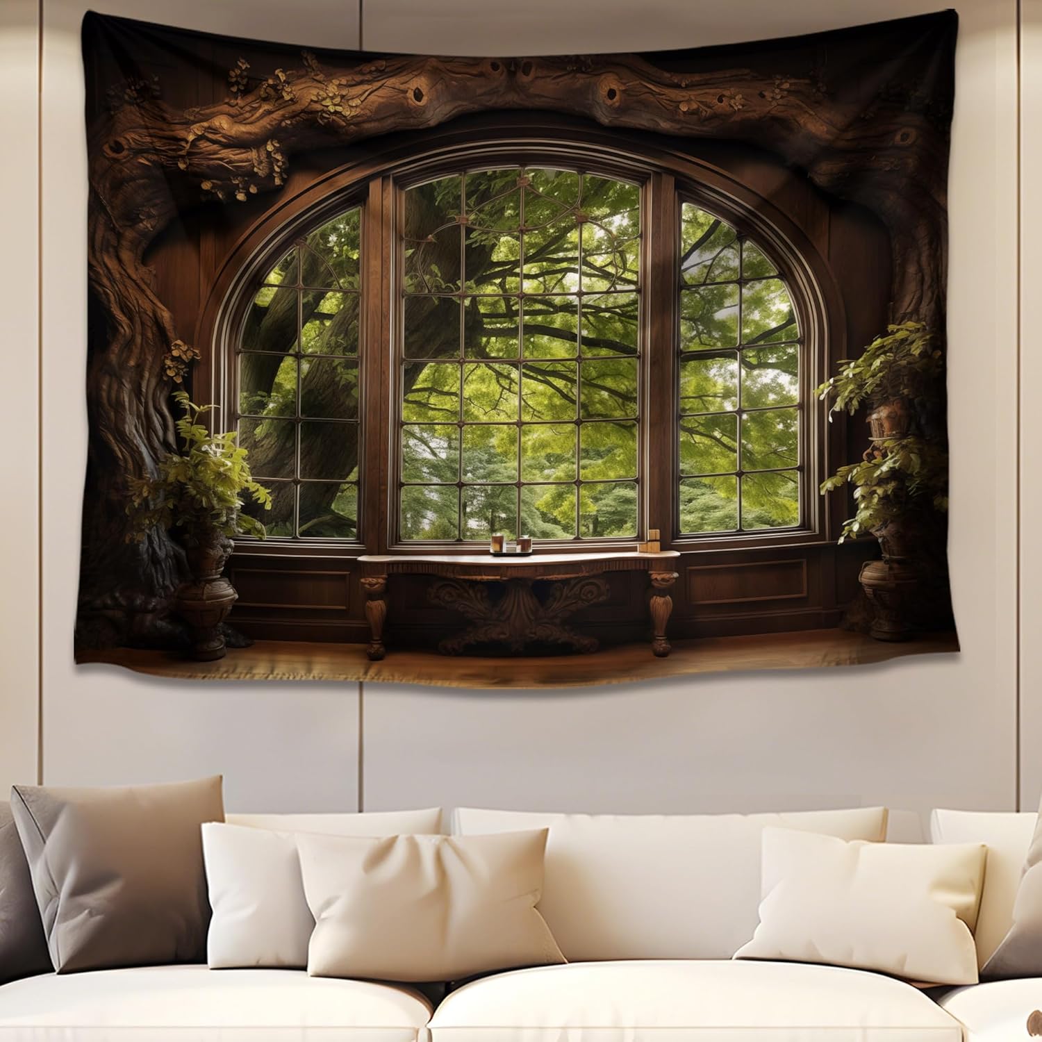 QGHOT Forest Window Tapestry, Nature Outdoor Tapestry Wall Hanging Woodland Scene Large Wall Mural for Bedroom Living Room Office Decor 78.7" L x 104" W