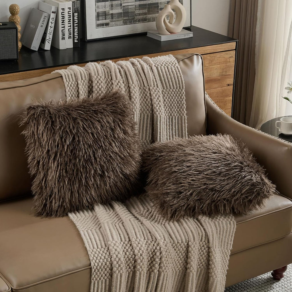 FUTEI Dark Coffee Decorative Throw Pillow Covers 18x18 Inch Set of 2,Soft Faux Fine Wool Textured Cushion Case,Luxury Home Decor for Couch Bed Living Room
