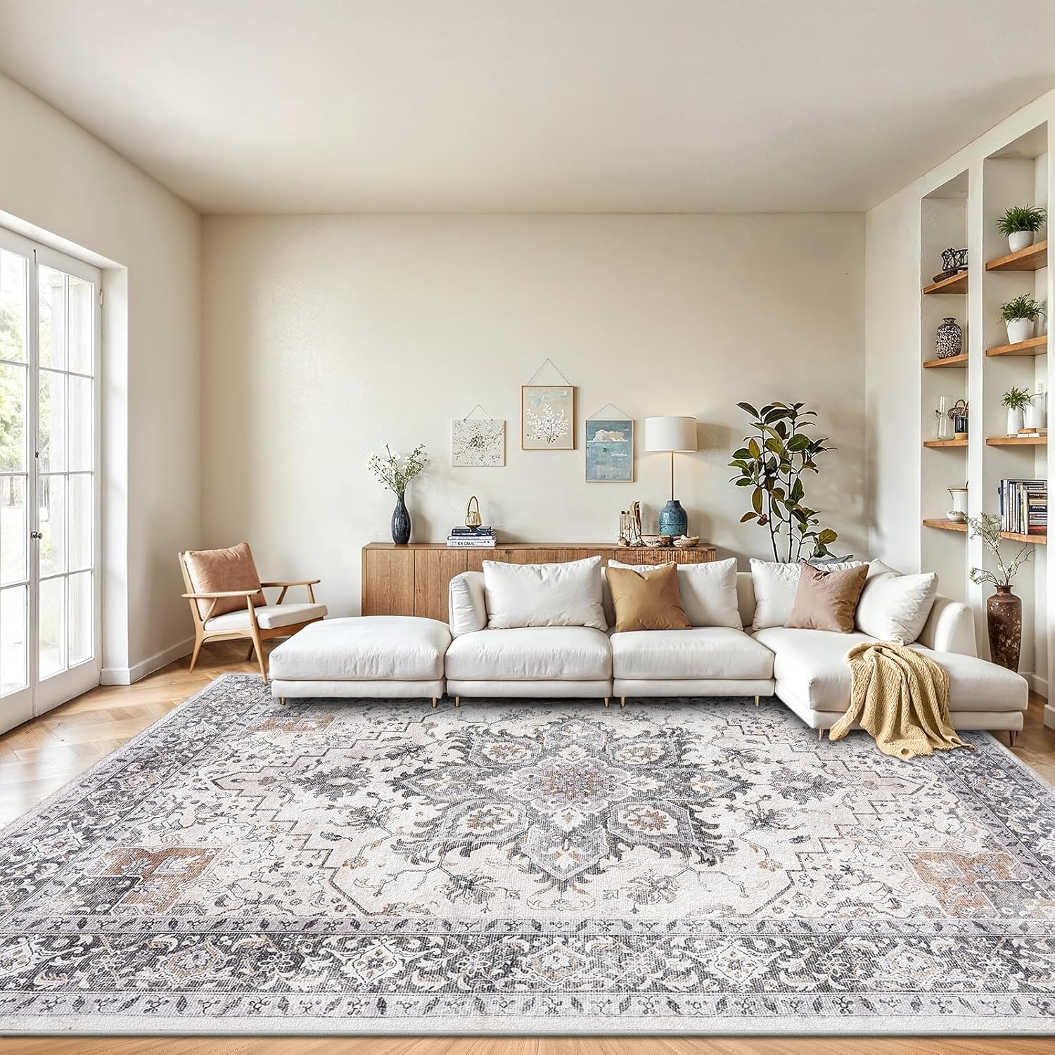 AMADA HOMEFURNISHING 8x10 Washable Area Rug, Low-Profile Large Area Rug with Non-Slip Backing & Durable Edge Binding, Vintage Large Rugs for Living Room, Bedroom, Dining Room