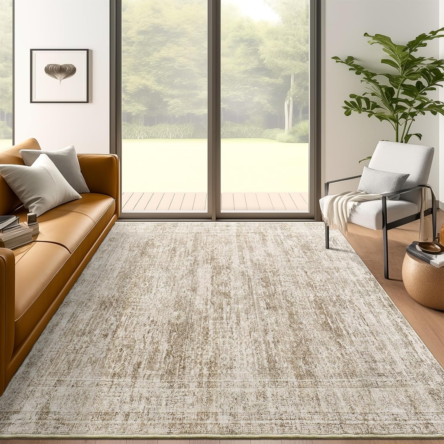 Washable Area Rug 8x10, Large Soft Rugs for Living Room Vintage Beige Carpet 8x10 Area Rugs for Bedroom Dining Room Non-Slip Stain Resistant Under Table Rug