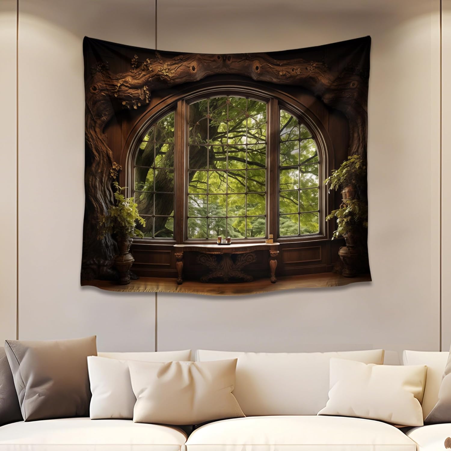 QGHOT Forest Window Tapestry, Nature Outdoor Tapestry Wall Hanging Woodland Scene Large Wall Mural for Bedroom Living Room Office Decor 78.7" L x 104" W