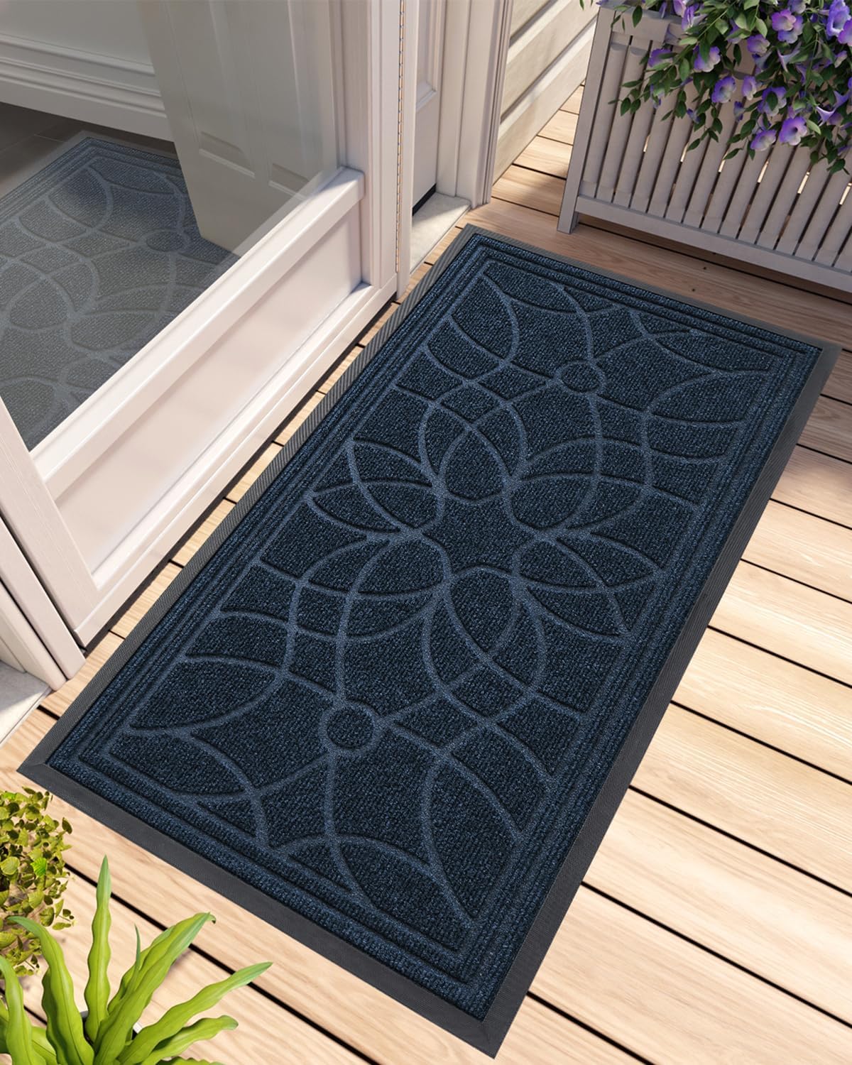 DEXI Front Door Mat Outside Entrance, Heavy Duty Non Slip Low Profile Doormat for Entryway, Trap Dirt and Moisture Welcome Mats, Easy Clean, Patio, Garage, 3x2, Blue