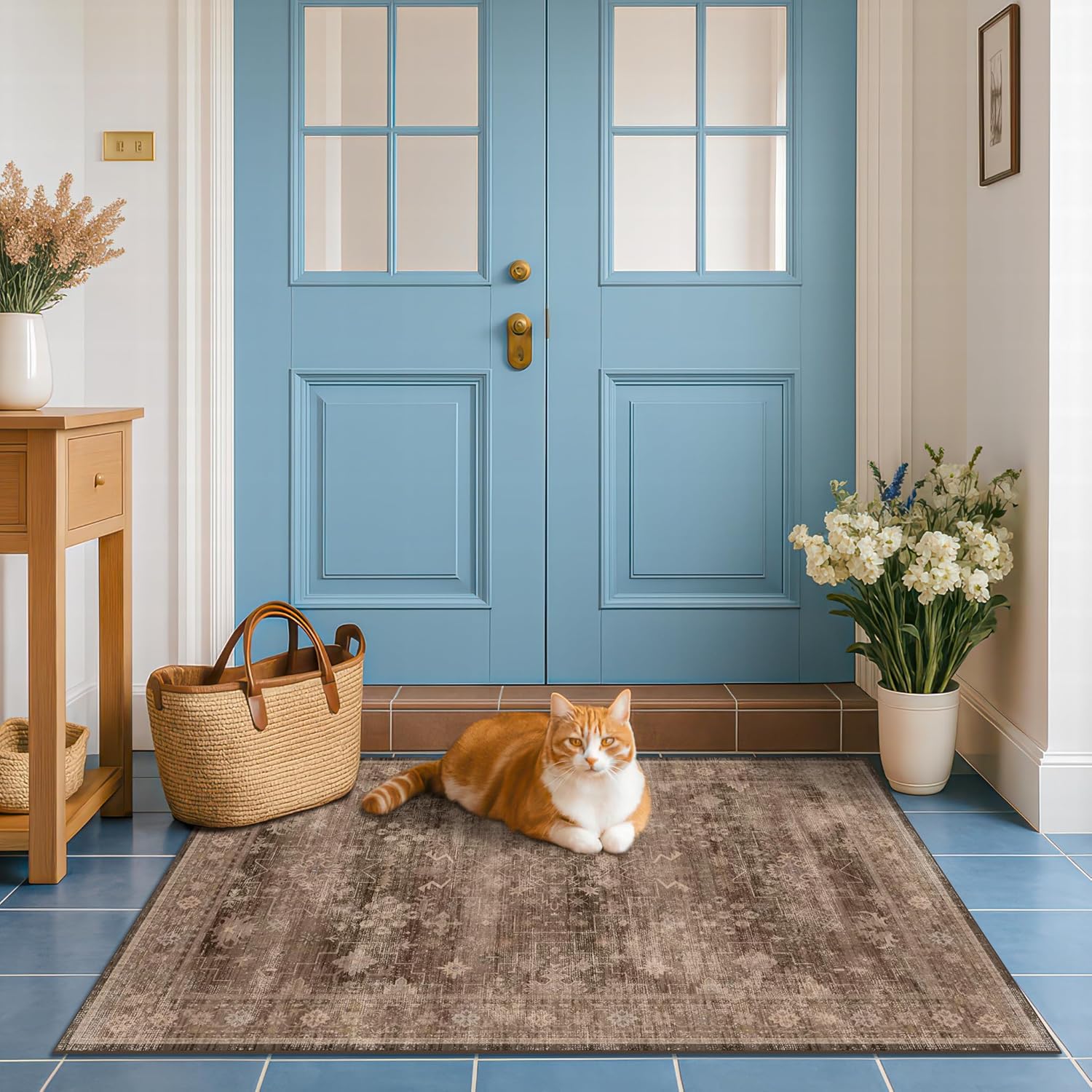 Black Farmhouse Washable 8x10 Area Rugs for Living Room, Bedroom, Dining Room Kitchen Table Rug for Under Table, Office, Dark Charcoal Tumble Stain Resistant Non-Slip Large Washable (8x10 Black/Multi)