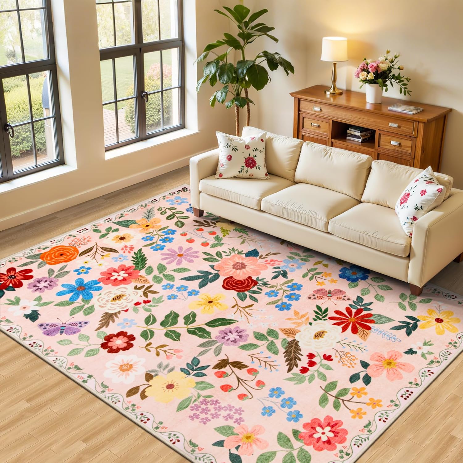 8x10 Area Rugs for Living Room: Floral Washable Rug Vintage Large Soft Boho Non-Slip Carpet Indoor Floor Stain Resistant Carpets for Bedroom Dining Room Farmhouse Nursery Home Office Dark Green