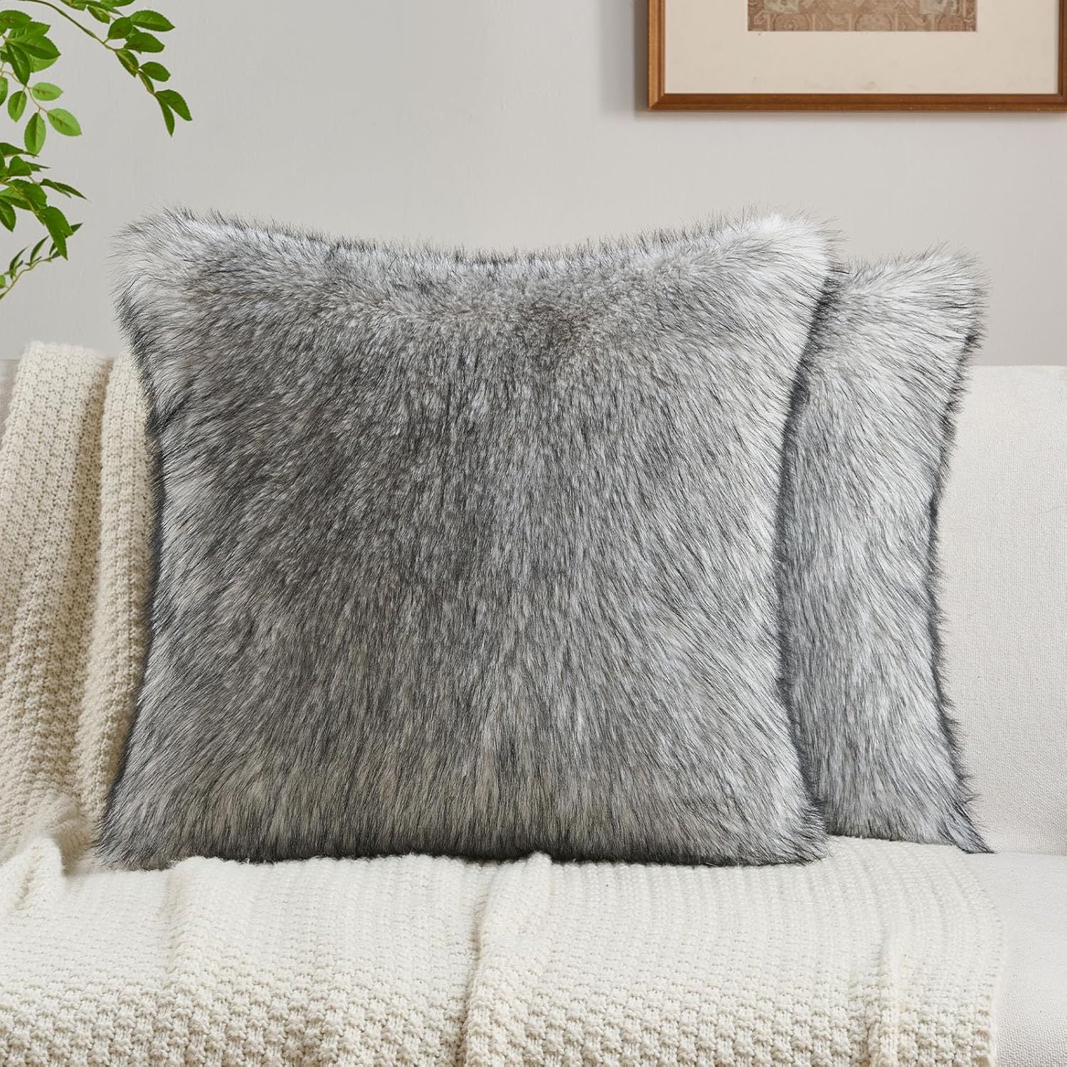 FUTEI Tawny Decorative Throw Pillow Covers 18x18 Inch Set of 2,Soft Faux Raccoon Fur Textured Cushion Case,Modern Home Luxurious Decor for Couch Bed Living Room