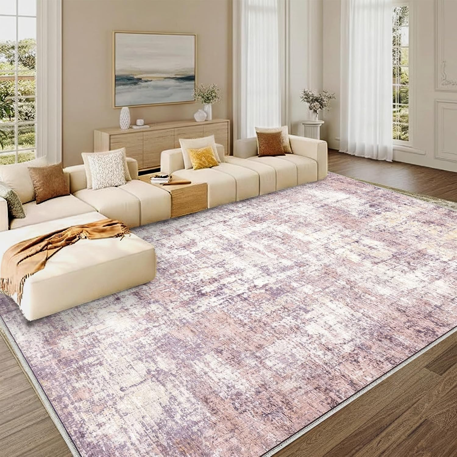 8x10 Area Rug Living Room Rugs - Washable Rug Large Modern Abstract Soft Thin Carpets Indoor Floor No Slip Vintage Carpet for Bedroom Under Dining Table Nursery Home Office Decor Blue