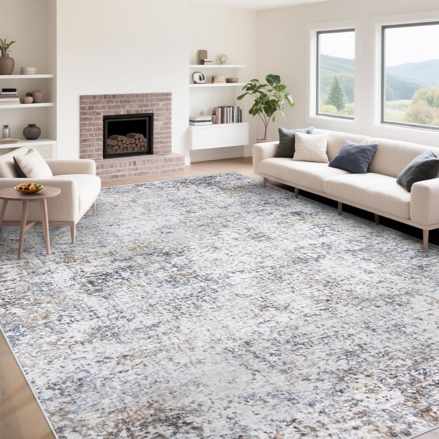 8x10 Area Rugs for Living Room, Washable Modern Abstract Large Area Rug Neutral Soft Non Slip Kids Rug Stain Resistant Indoor Carpet for Bedroom Nursery Dining Room Playroom Home Office(Blue, 8'x10')