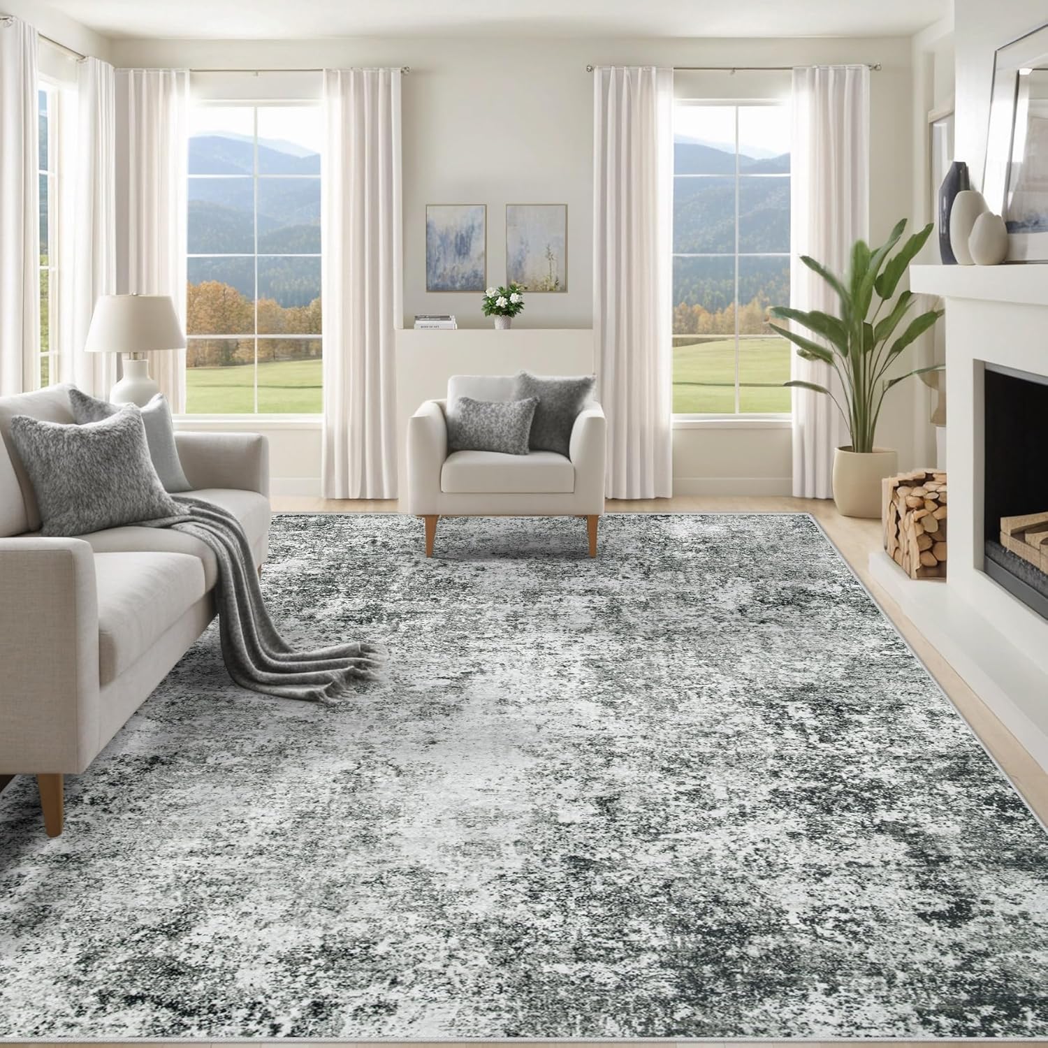 8x10 Area Rugs for Living Room, Washable Modern Abstract Large Area Rug Neutral Soft Non Slip Kids Rug Stain Resistant Indoor Carpet for Bedroom Nursery Dining Room Playroom Home Office(Blue, 8'x10')