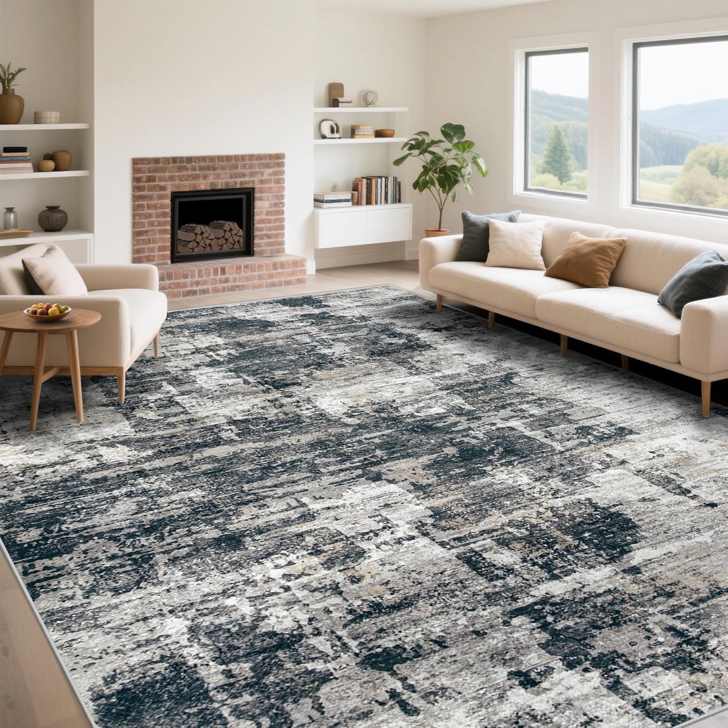 8x10 Area Rugs for Living Room, Washable Modern Abstract Large Area Rug Neutral Soft Non Slip Kids Rug Stain Resistant Indoor Carpet for Bedroom Nursery Dining Room Playroom Home Office(Blue, 8'x10')