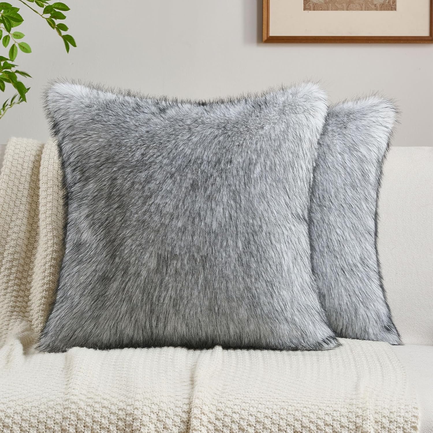 FUTEI Apricot Decorative Throw Pillow Covers 18x18 Inch Set of 2,Soft Faux Raccoon Fur Textured Cushion Case,Modern Home Luxurious Decor for Couch Bed Living Room