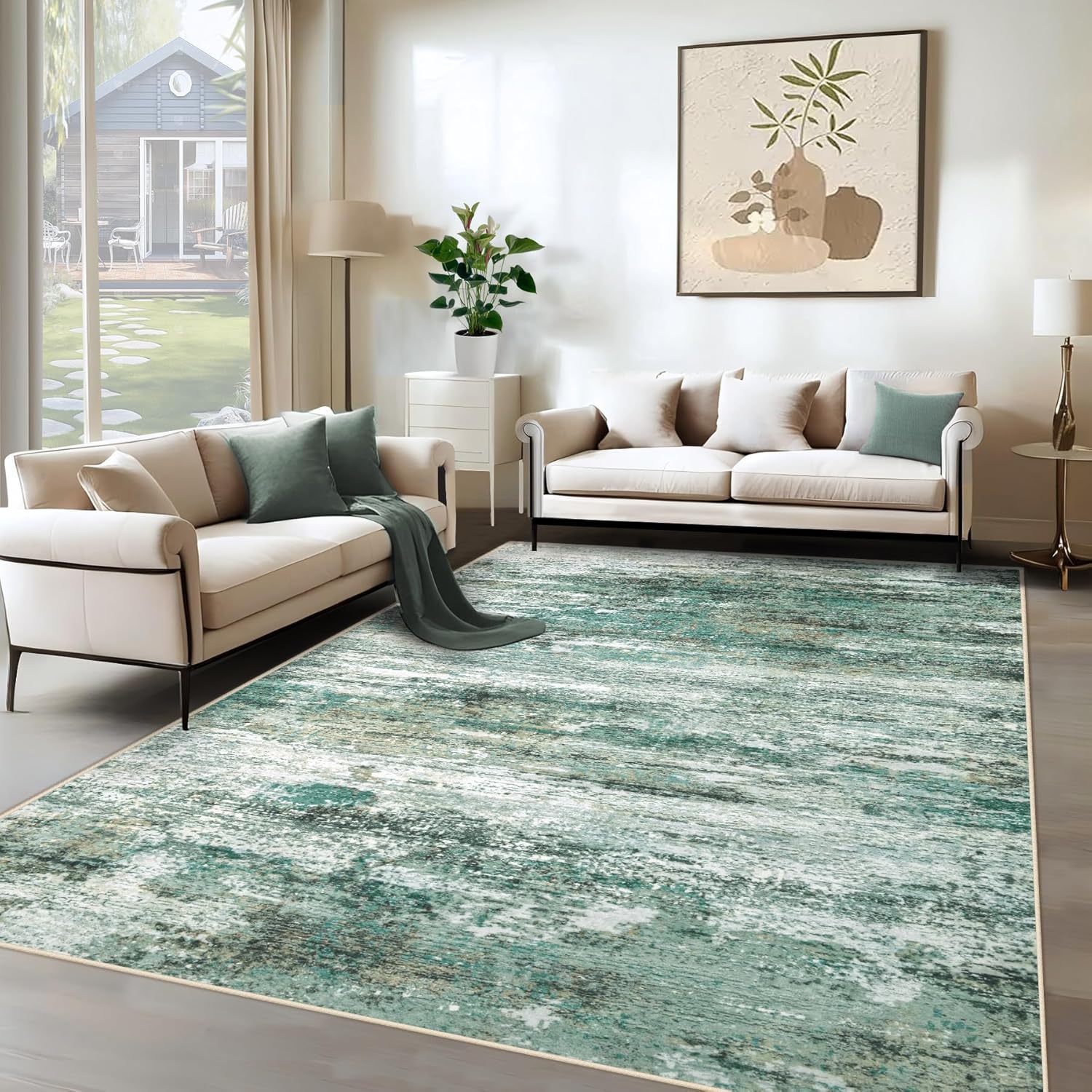 8x10 Area Rugs for Living Room, Washable Modern Abstract Large Area Rug Neutral Soft Non Slip Kids Rug Stain Resistant Indoor Carpet for Bedroom Nursery Dining Room Playroom Home Office(Blue, 8'x10')