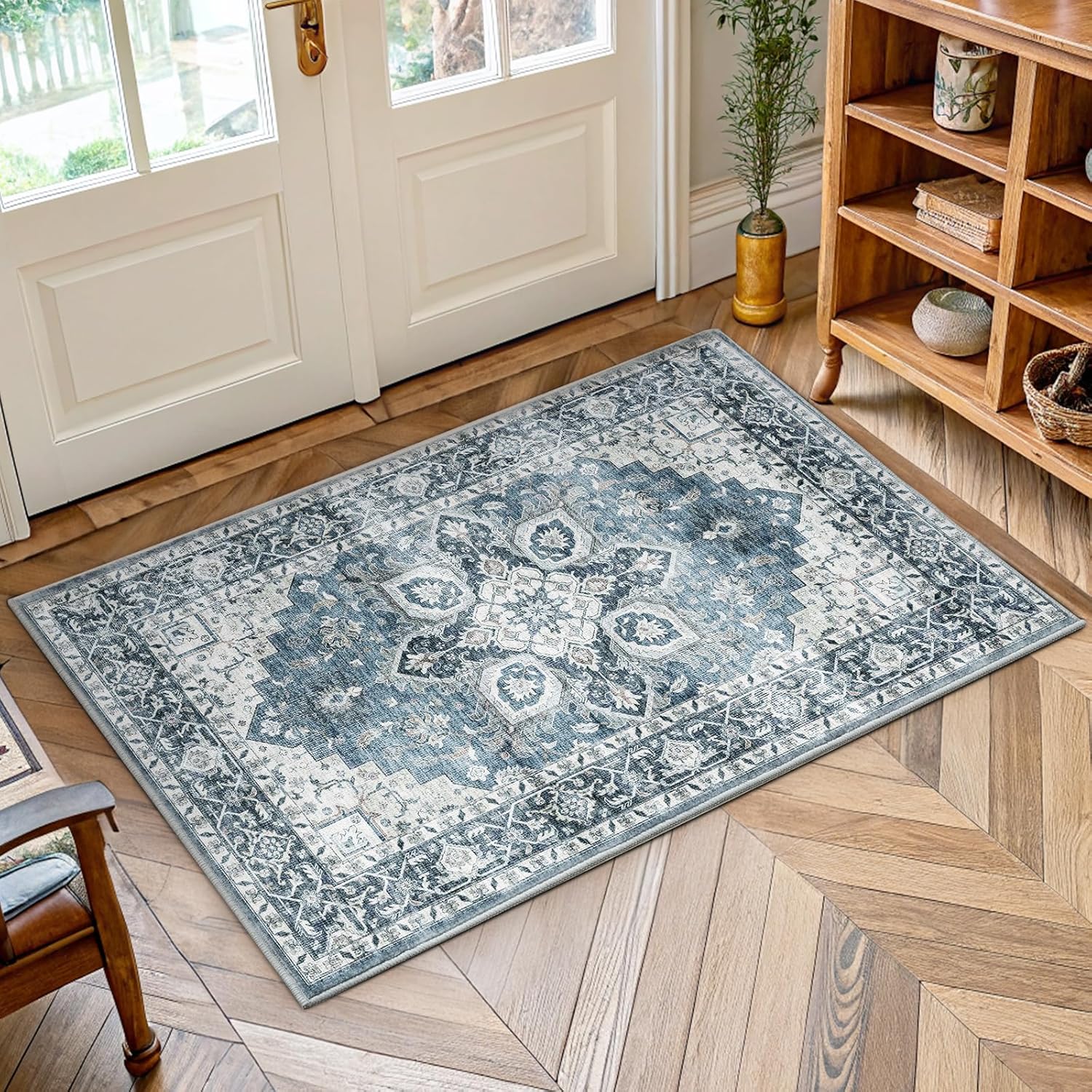 AMADA HOMEFURNISHING 8x10 Washable Area Rug, Low-Profile Large Area Rug with Non-Slip Backing & Durable Edge Binding, Vintage Large Rugs for Living Room, Bedroom, Dining Room