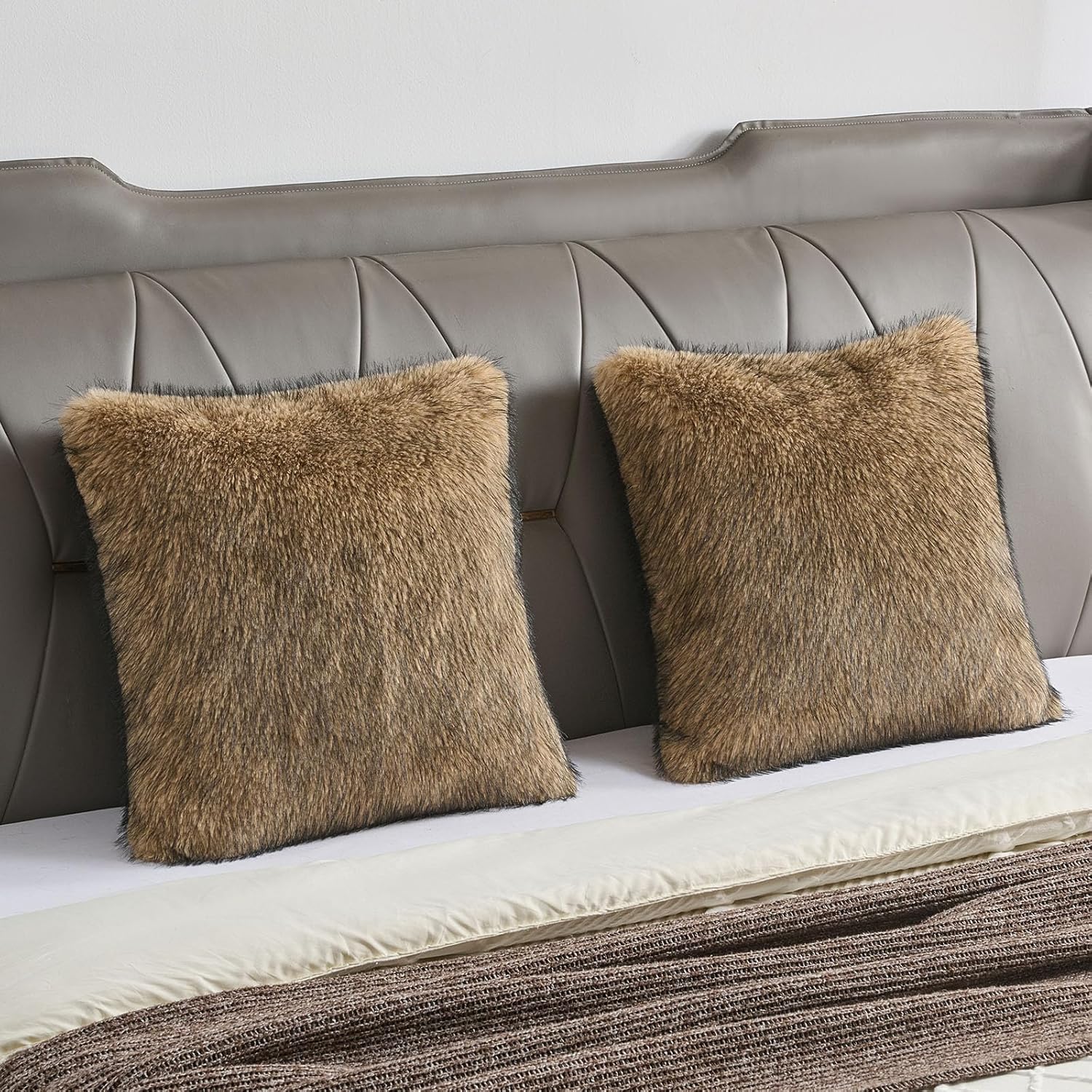 FUTEI Tawny Decorative Throw Pillow Covers 18x18 Inch Set of 2,Soft Faux Raccoon Fur Textured Cushion Case,Modern Home Luxurious Decor for Couch Bed Living Room