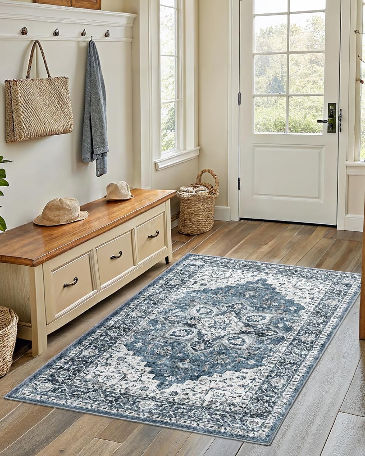 AMADA HOMEFURNISHING 8x10 Washable Area Rug, Low-Profile Large Area Rug with Non-Slip Backing & Durable Edge Binding, Vintage Large Rugs for Living Room, Bedroom, Dining Room
