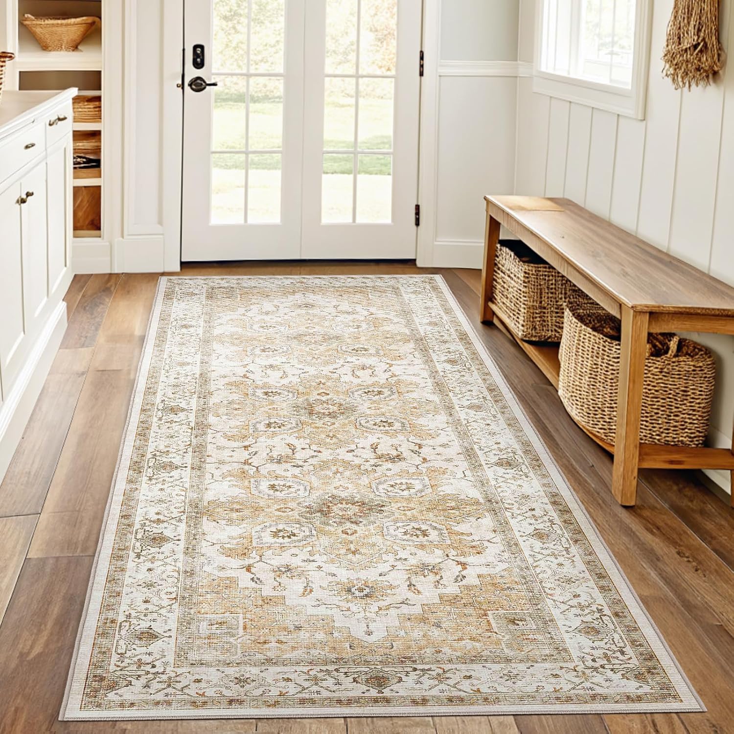 AMADA HOMEFURNISHING 8x10 Washable Area Rug, Low-Profile Large Area Rug with Non-Slip Backing & Durable Edge Binding, Vintage Large Rugs for Living Room, Bedroom, Dining Room