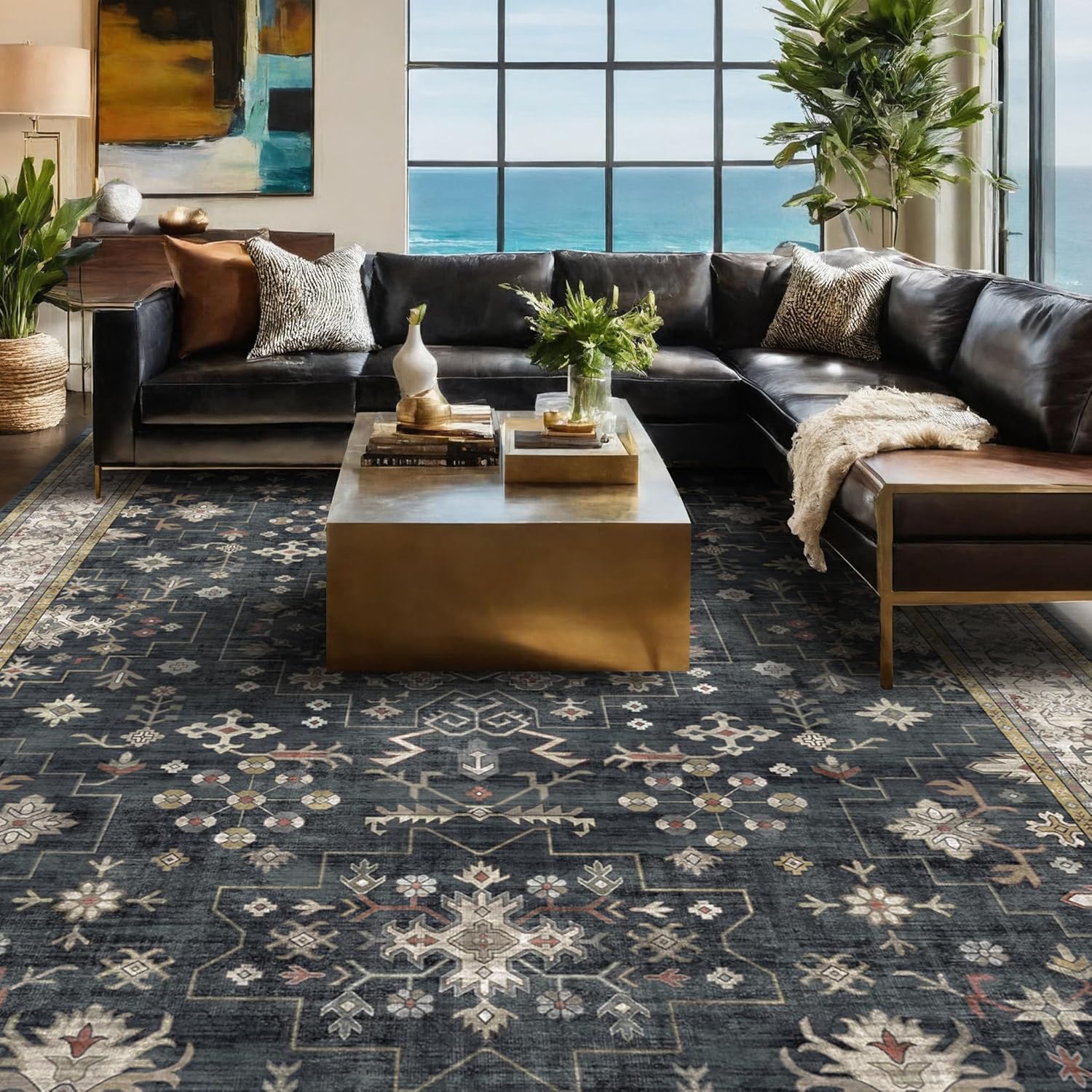 Black Farmhouse Washable 8x10 Area Rugs for Living Room, Bedroom, Dining Room Kitchen Table Rug for Under Table, Office, Dark Charcoal Tumble Stain Resistant Non-Slip Large Washable (8x10 Black/Multi)