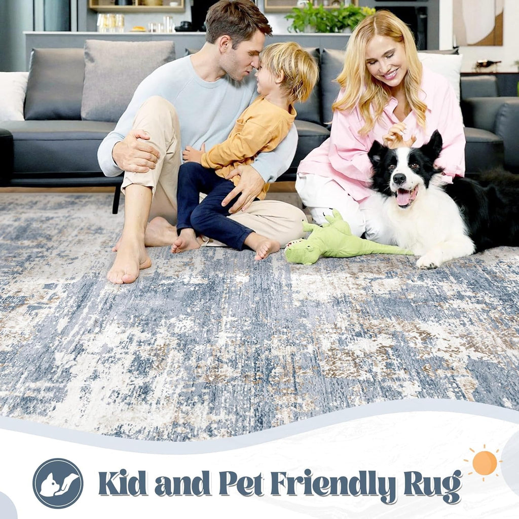8x10 Area Rugs for Living Room, Washable Modern Abstract Large Area Rug Neutral Soft Non Slip Kids Rug Stain Resistant Indoor Carpet for Bedroom Nursery Dining Room Playroom Home Office(Blue, 8'x10')