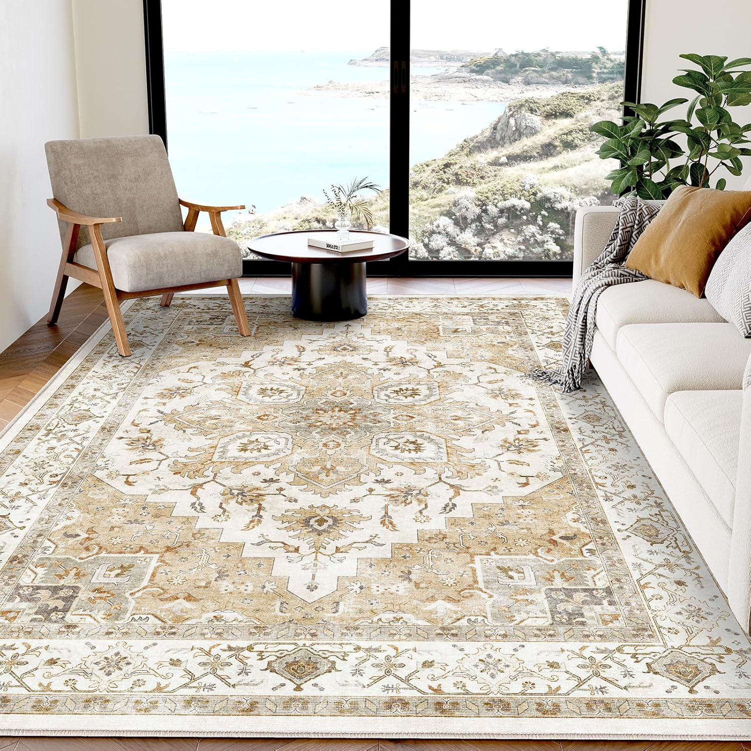 AMADA HOMEFURNISHING 8x10 Washable Area Rug, Low-Profile Large Area Rug with Non-Slip Backing & Durable Edge Binding, Vintage Large Rugs for Living Room, Bedroom, Dining Room