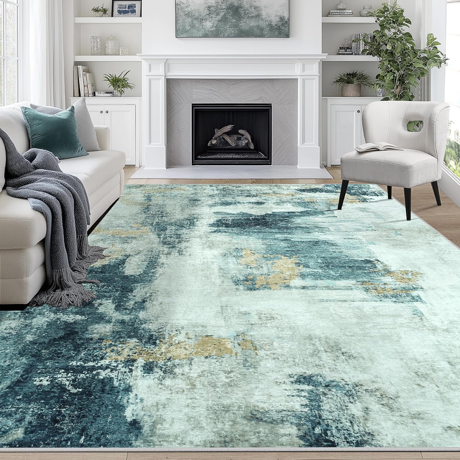 8x10 Area Rugs for Living Room Rug Washable: Abstract Large Rug for Dining Room Bedroom Carpet Non Slip 8 by 10 Indoor Modern Nursery Home Office Blue Grey