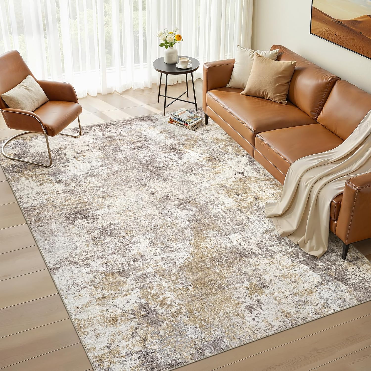 Nakagishi 8X10 Area Rugs for Living Room: Washable Modern Abstract Rug with Non-Slip Silicone Backing Low Pile Soft Carpet for Bedroom & Dining Decor Ideal for Families with Kids and Pets-Brown