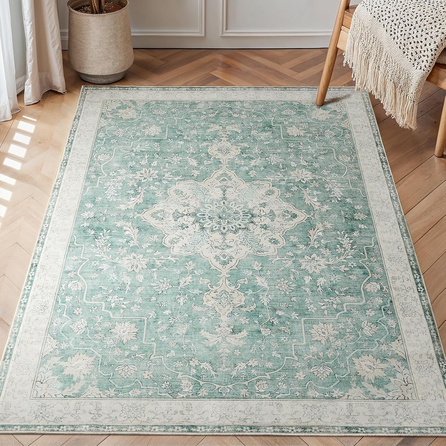 AMADA HOMEFURNISHING 8x10 Washable Area Rug, Low-Profile Large Area Rug with Non-Slip Backing & Durable Edge Binding, Vintage Large Rugs for Living Room, Bedroom, Dining Room