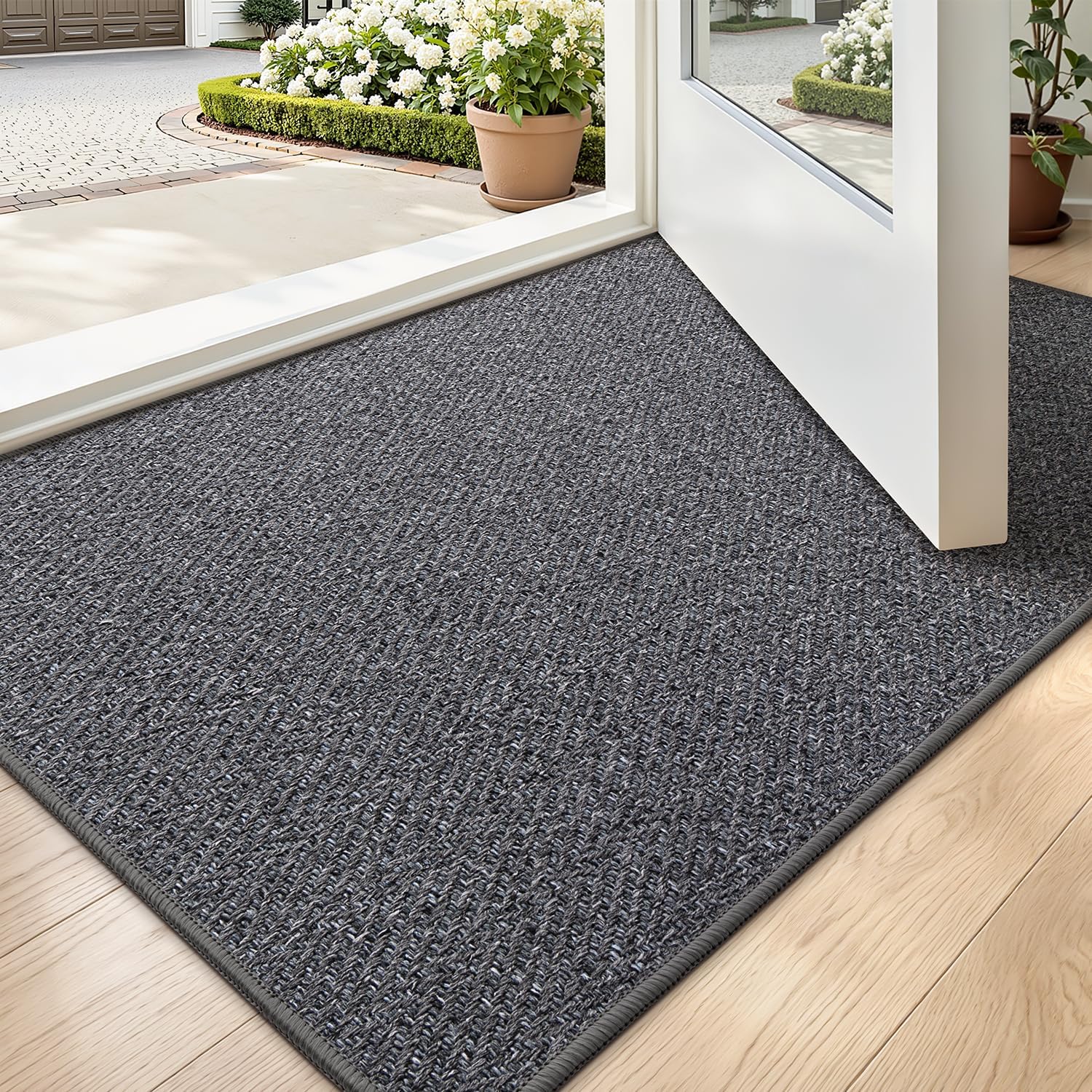 LUMI Ultra Thin Indoor Door Mat for Entrance 48"x72", Non Slip Entryway Mat, Low Profile Doormat, Unique Herringbone Design Carpet for Inside, Patio, Porch, Gray