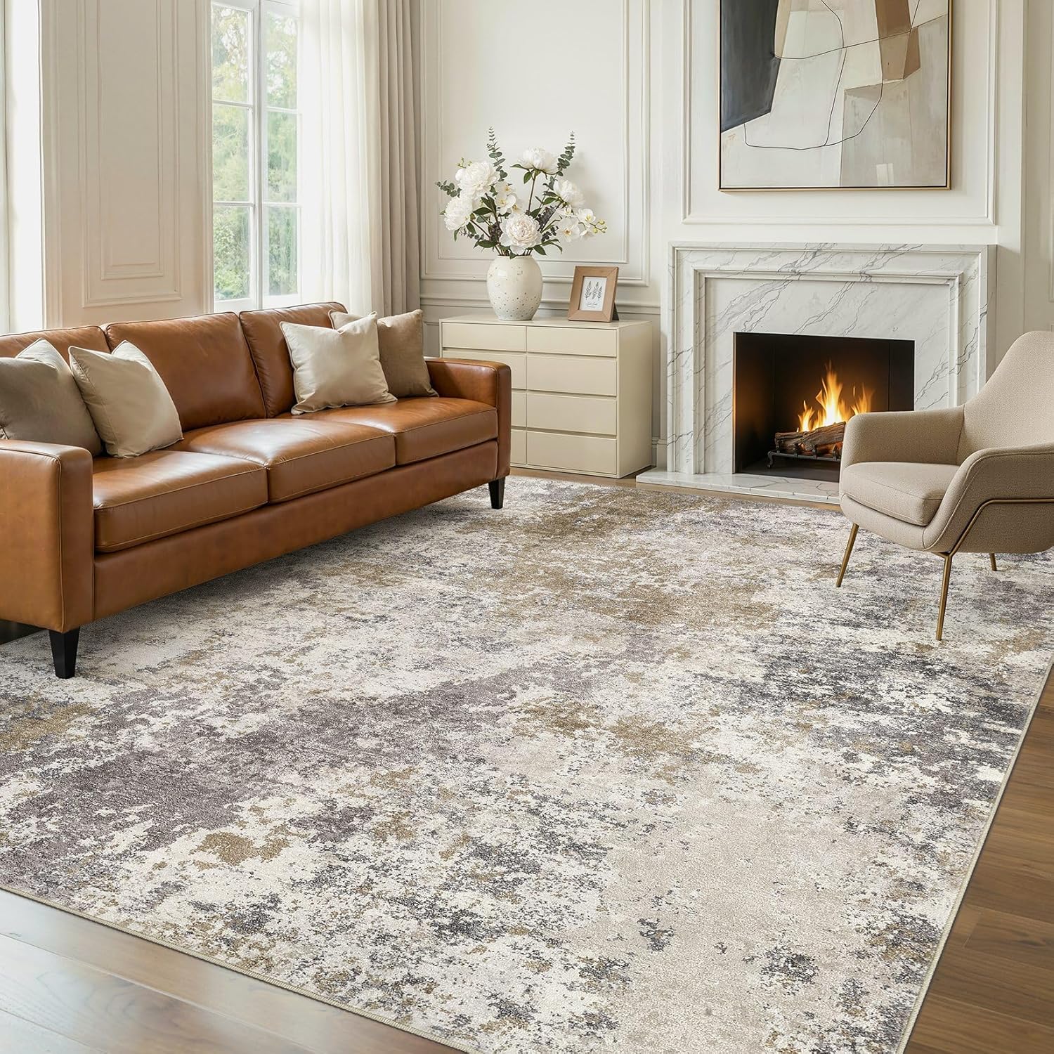 Nakagishi 8X10 Area Rugs for Living Room: Washable Modern Abstract Rug with Non-Slip Silicone Backing Low Pile Soft Carpet for Bedroom & Dining Decor Ideal for Families with Kids and Pets-Brown