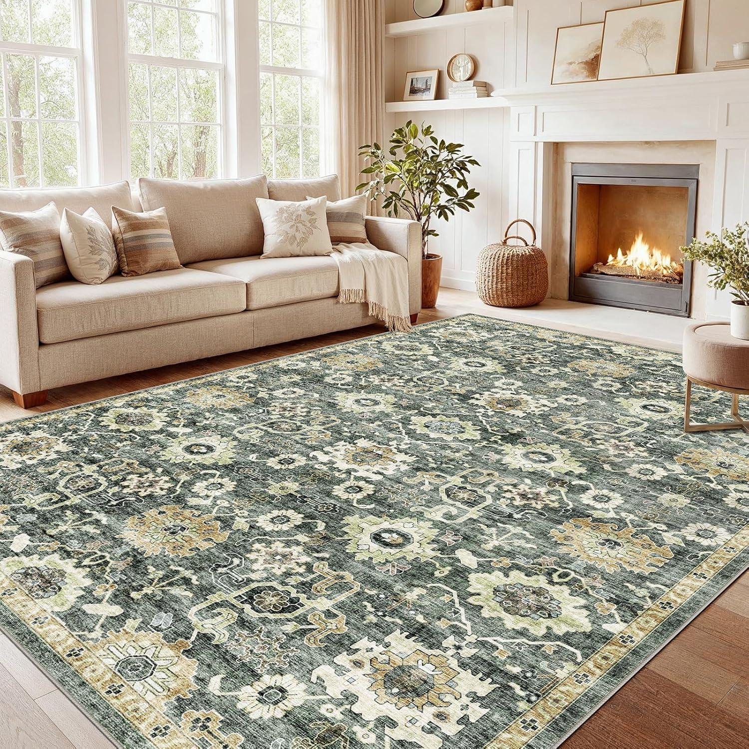 AMADA HOMEFURNISHING 8x10 Washable Area Rug, Low-Profile Large Area Rug with Non-Slip Backing & Durable Edge Binding, Vintage Large Rugs for Living Room, Bedroom, Dining Room