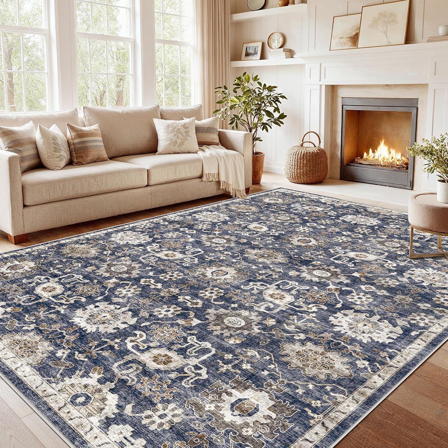 AMADA HOMEFURNISHING 8x10 Washable Area Rug, Low-Profile Large Area Rug with Non-Slip Backing & Durable Edge Binding, Vintage Large Rugs for Living Room, Bedroom, Dining Room