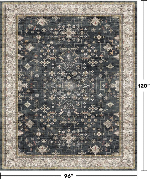 Black Farmhouse Washable 8x10 Area Rugs for Living Room, Bedroom, Dining Room Kitchen Table Rug for Under Table, Office, Dark Charcoal Tumble Stain Resistant Non-Slip Large Washable (8x10 Black/Multi)
