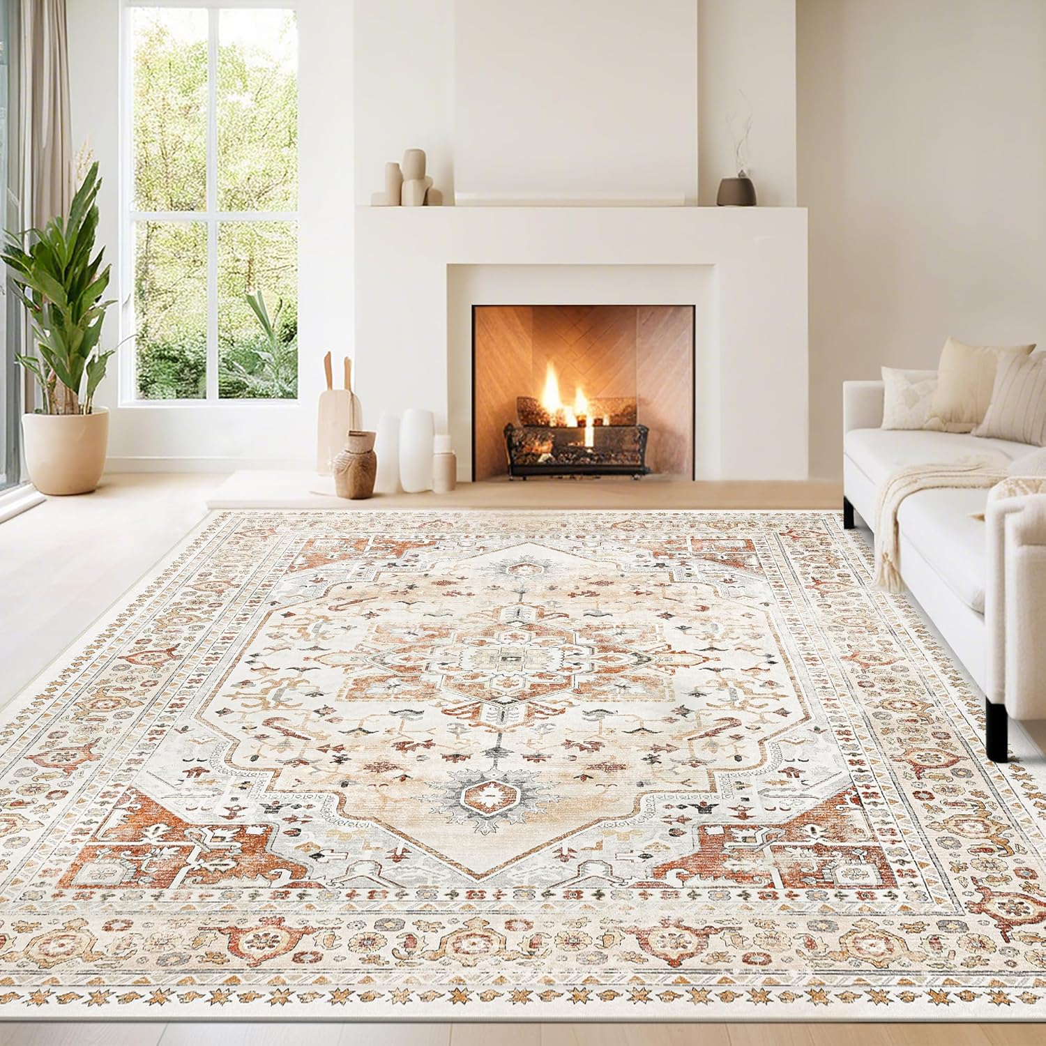 Washable Rugs 8x10 Area Rugs for Living Room,Ultra Soft Faux Wool Retro Rugs for Bedroom,Dining Room,Non Slip&Non-Shedding Low Pile Vintage Print Rug Indoor Large Carpets for Home Office Decor