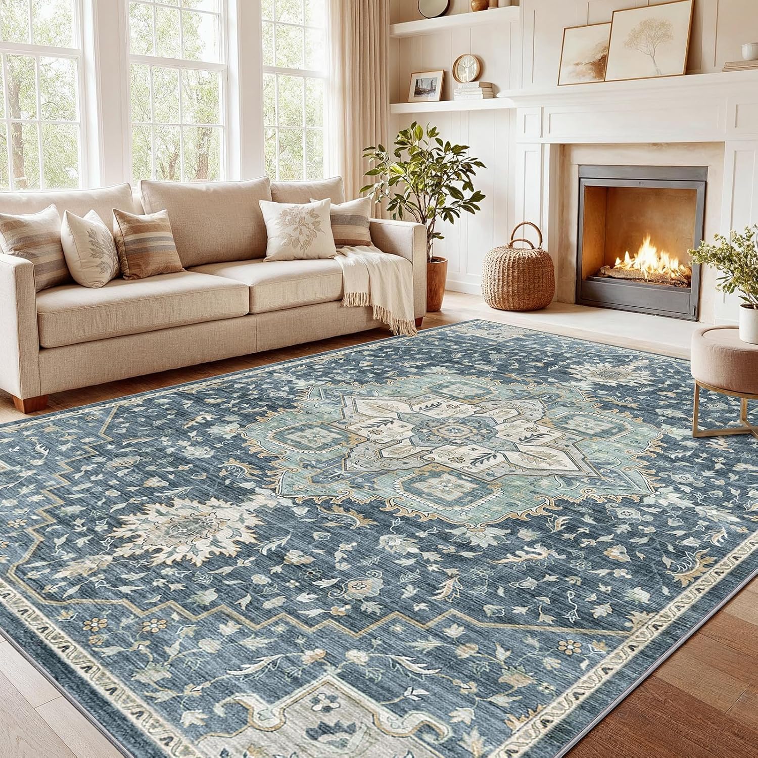 AMADA HOMEFURNISHING 8x10 Washable Area Rug, Low-Profile Large Area Rug with Non-Slip Backing & Durable Edge Binding, Vintage Large Rugs for Living Room, Bedroom, Dining Room