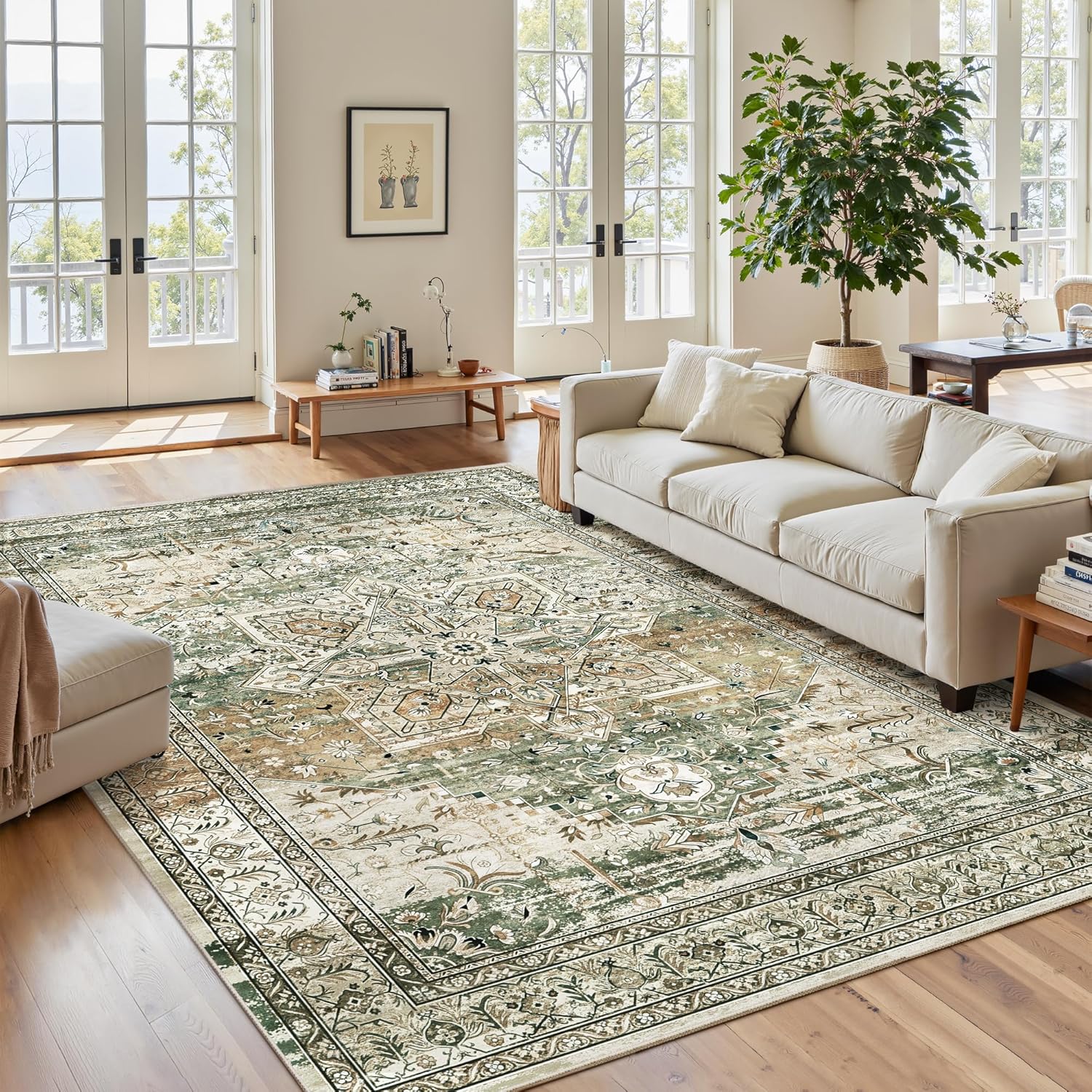 Washable Area Rug 8x10, Large Soft Rugs for Living Room Vintage Beige Carpet 8x10 Area Rugs for Bedroom Dining Room Non-Slip Stain Resistant Under Table Rug